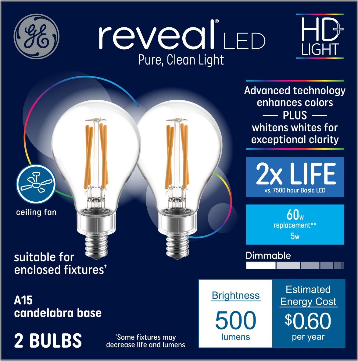 GE 60 - Watt EQ A15 Color - enhancing Candelabra Base (e - 12) Dimmable LED Specialty Light Bulb (2 - Pack) - Stu's Home Improvement Outlet