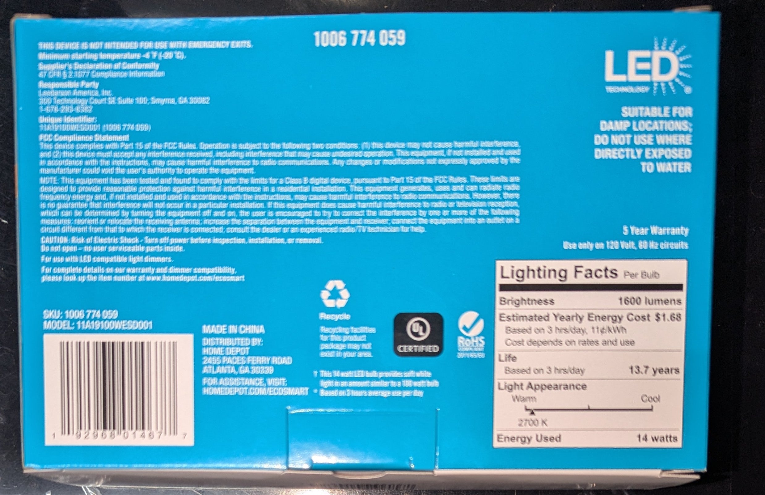 EcoSmart 100-Watt Equivalent A19 Dimmable LED Light Bulb Soft White (4-Pack)