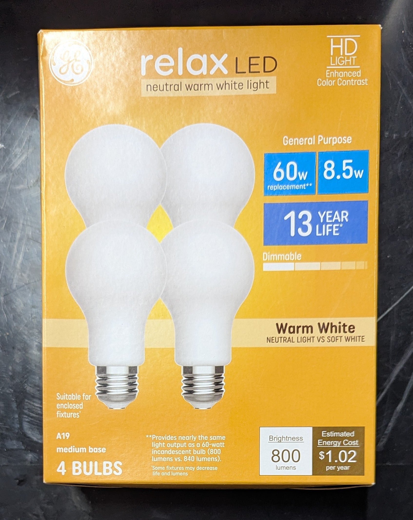 GE Relax HD 60 -Watt EQ A19 Warm white Medium base (E-26) Dimmable LED General purpose Light Bulb 4 -Pack