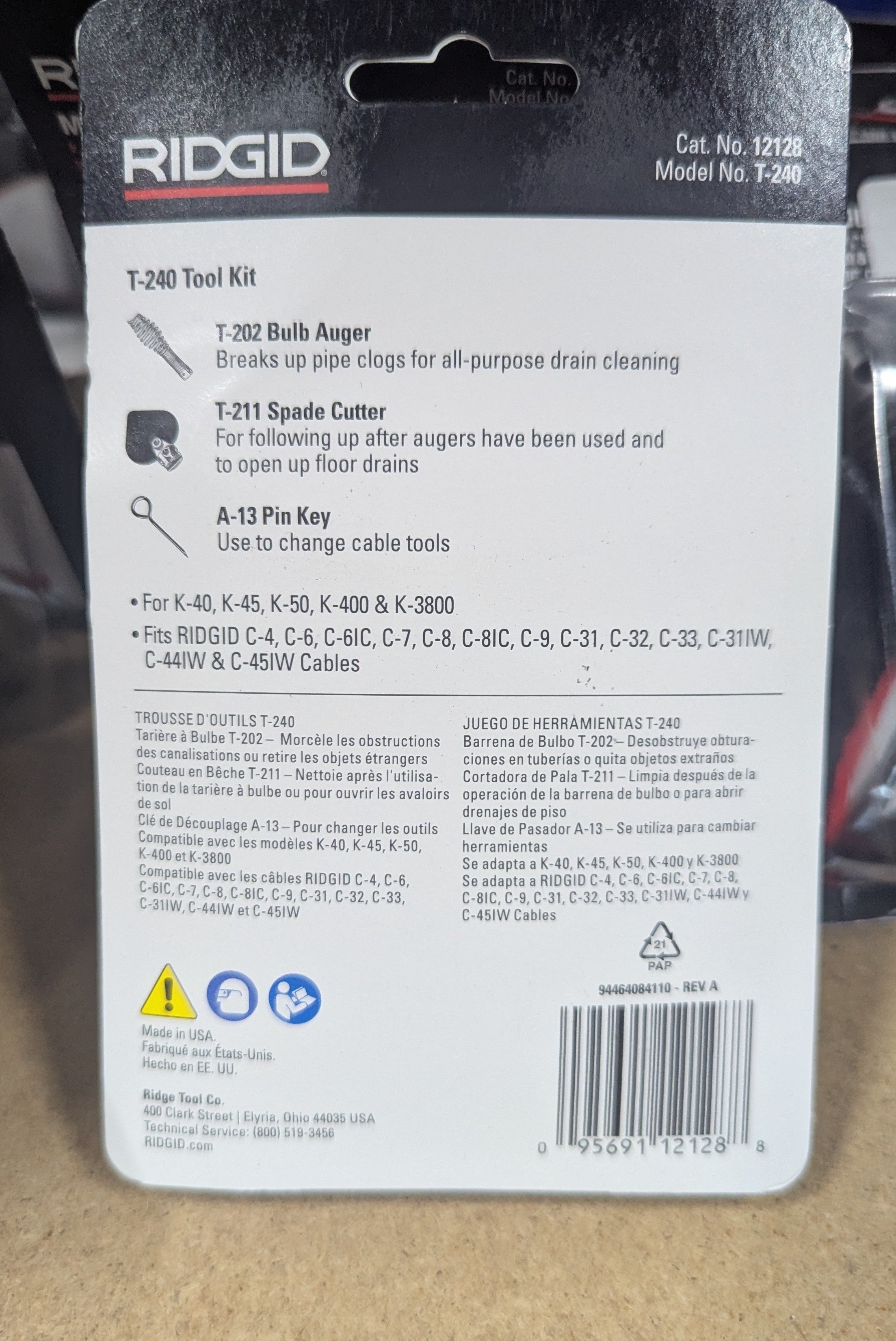 T-240 3 Piece Drain Cleaning / Sewer Machine Cable Attachment Set Includes T-202 Bulb Auger, T-211 Spade + A-13 Pin Key