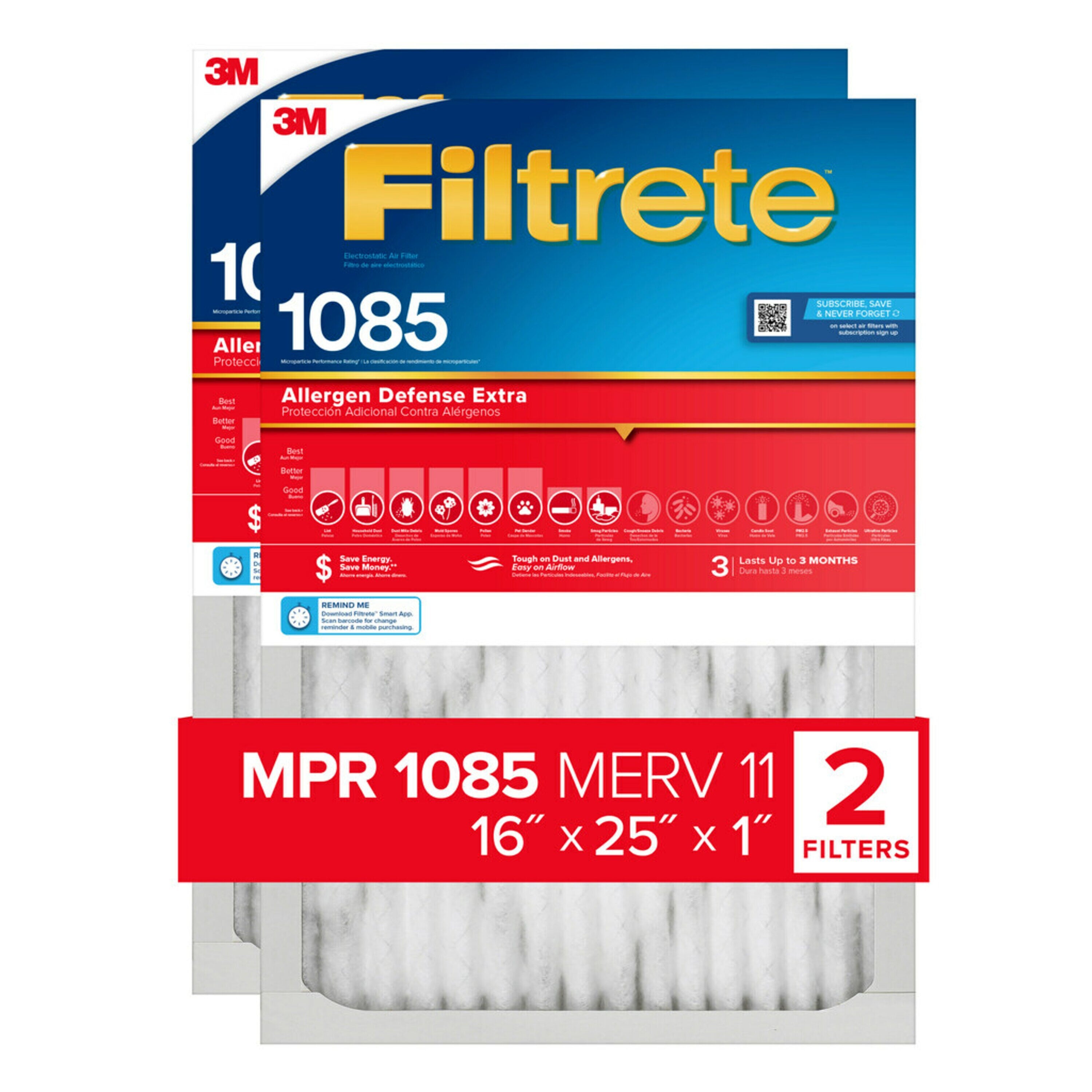 Filtrete 16-in W x 25-in L x 1-in MERV 11 1085 MPR Allergen Defense Extra Electrostatic Pleated Air Filter (2-Pack)