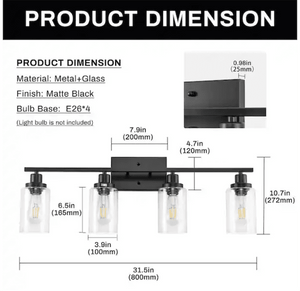 32” Industrial Matte Black 4 - Light Bathroom Vanity Fixture with Clear Glass Shades - Stu's Home Improvement Outlet