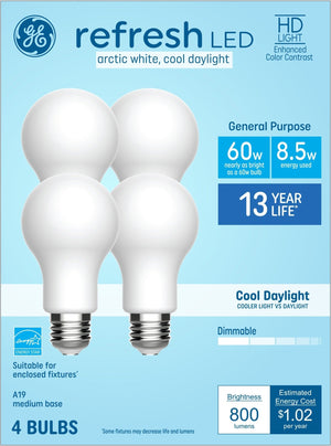GE Refresh HD 60 - Watt EQ A19 Cool Daylight Medium Base (e - 26) Dimmable LED General Purpose Light Bulb (4 - Pack) - Stu's Home Improvement Outlet