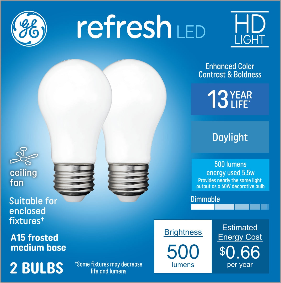 GE Refresh 60-Watt EQ A15 Daylight Medium Base (e-26) Dimmable LED Specialty Light Bulb (2-Pack)