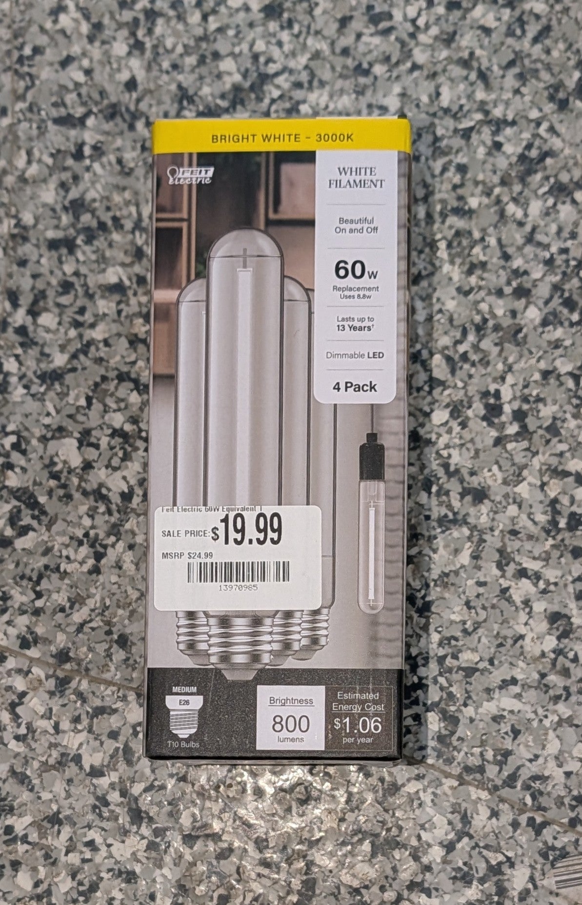 Feit Electric 60W Equivalent T10L Dimmable Straight White Filament Clear E26 Vintage Edison LED Light Bulb Bright White 3000K (4-Pack)