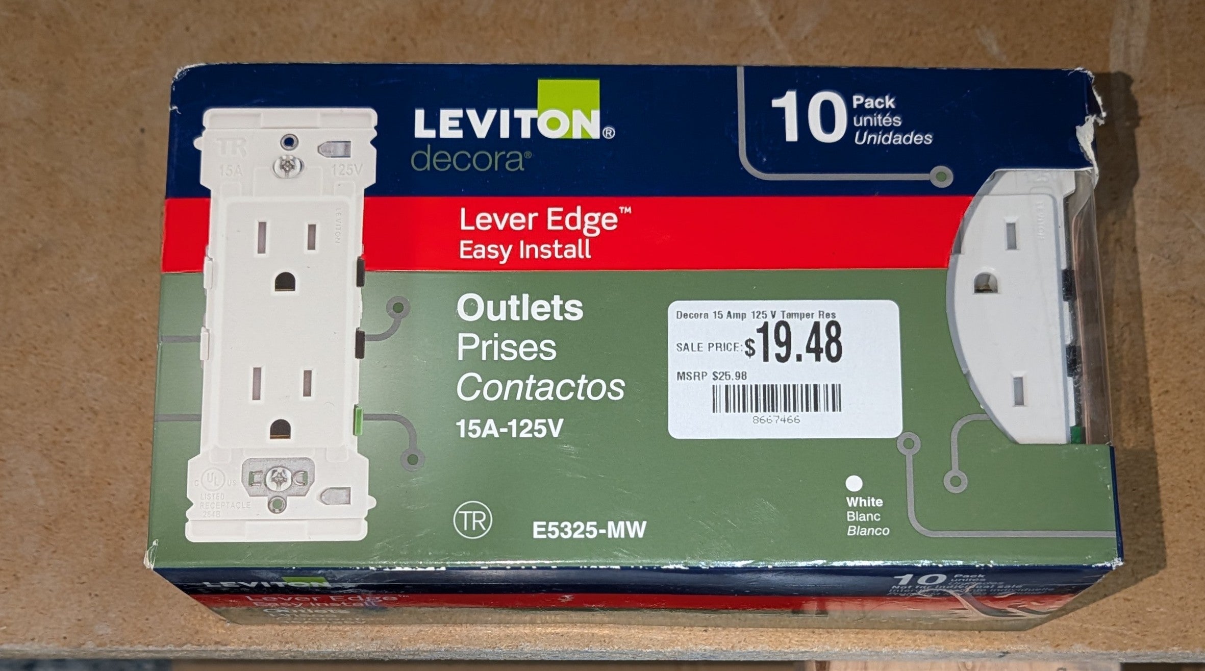 Decora 15 Amp 125 V Tamper Resistant Duplex Outlet/Receptacle, White (10-Pack) E5325-MW
