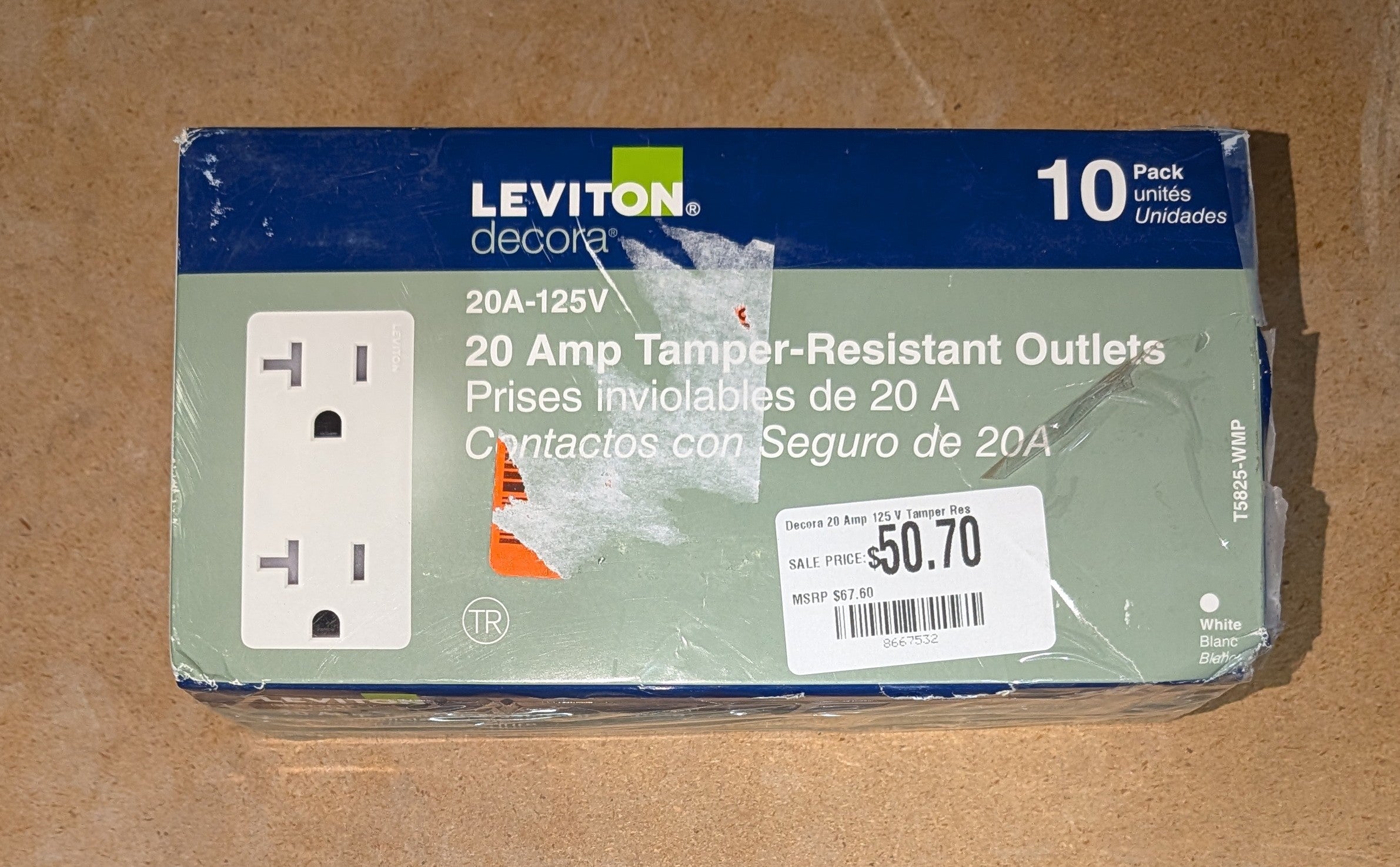 Decora 20 Amp 125 V Tamper Resistant Duplex Outlet/Receptacle, White (10-Pack) T5825-WMP