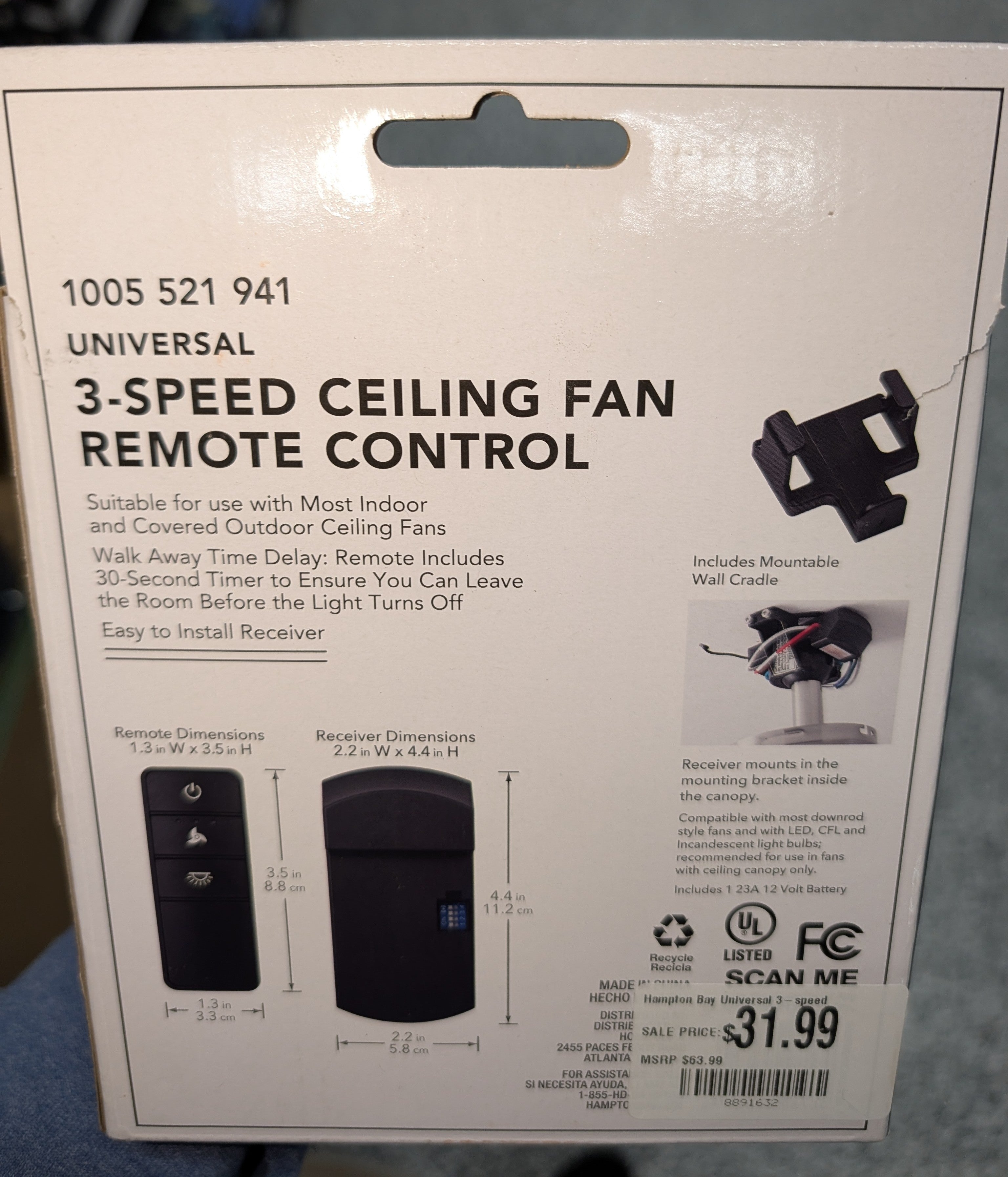 Hampton Bay Universal 3-speed Damp Rated Ceiling Fan Remote Control with Dimming Black