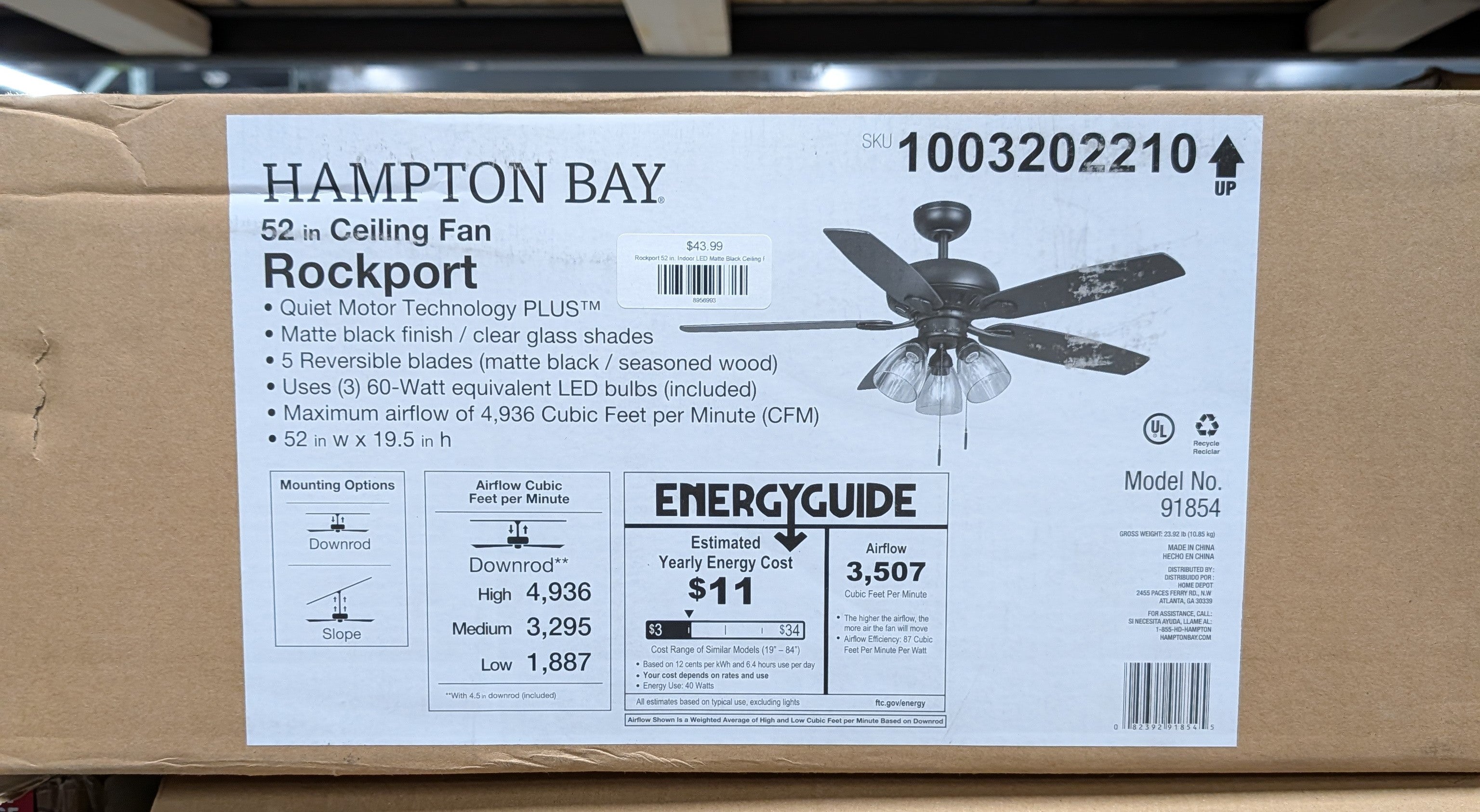 Rockport 52 in. Indoor LED Matte Black Ceiling Fan with Light Kit, Downrod, and 5 Reversible Blades