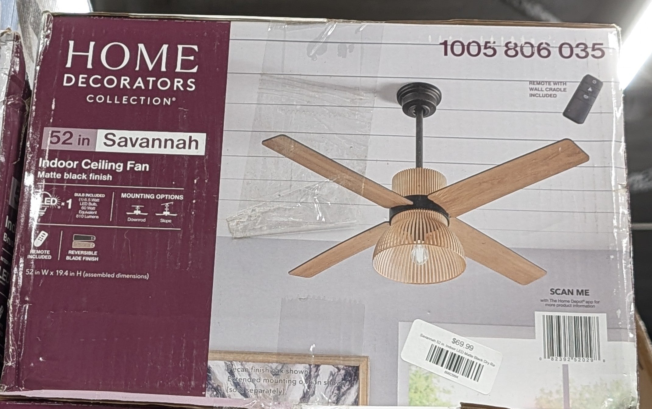 Savannah 52 in. Indoor LED Matte Black Dry Rated Ceiling Fan with 4 Reversible Blades, Light Kit and Remote Control