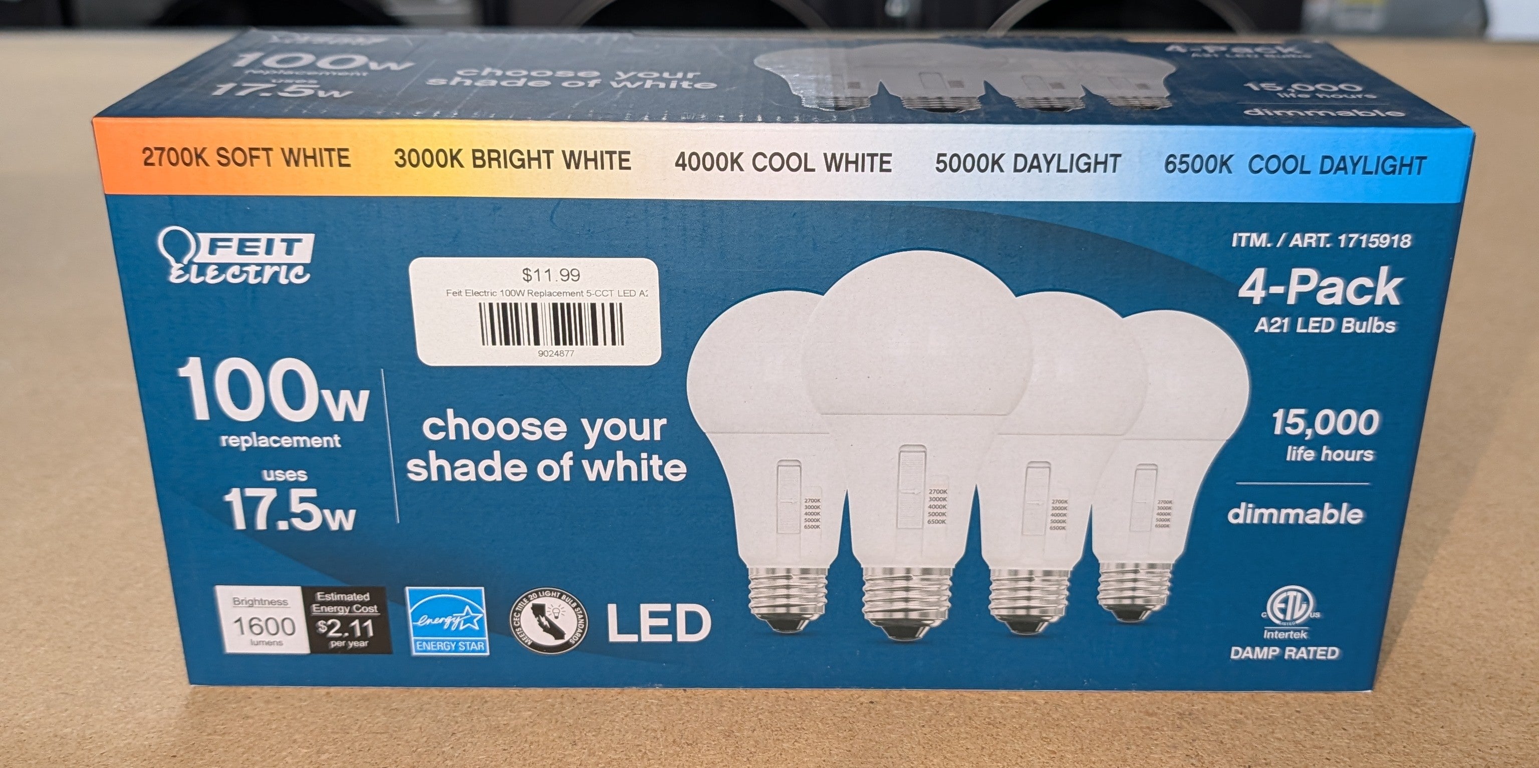 Feit Electric 100W Replacement 5-CCT LED A21 Bulbs, 4-pack