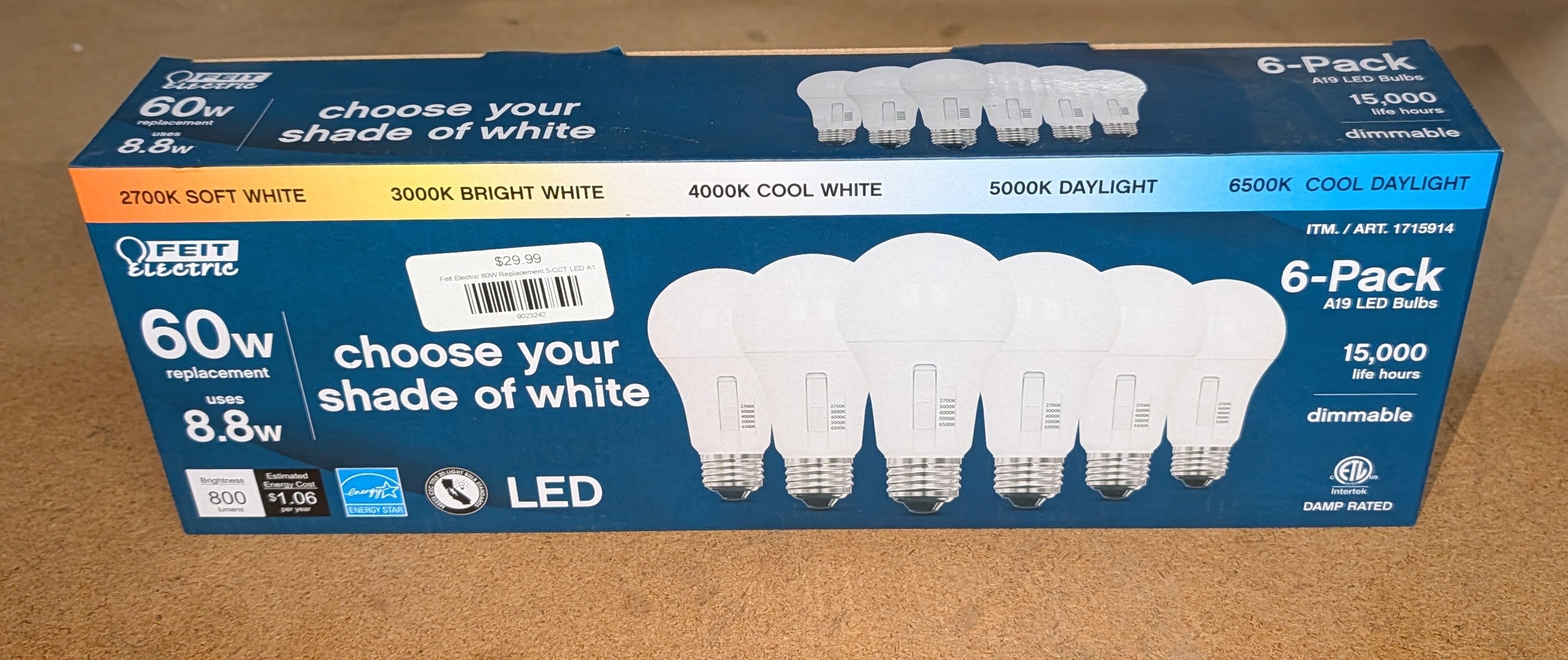 Feit Electric 60W Replacement 5-CCT LED A19 Bulbs, 6-pack