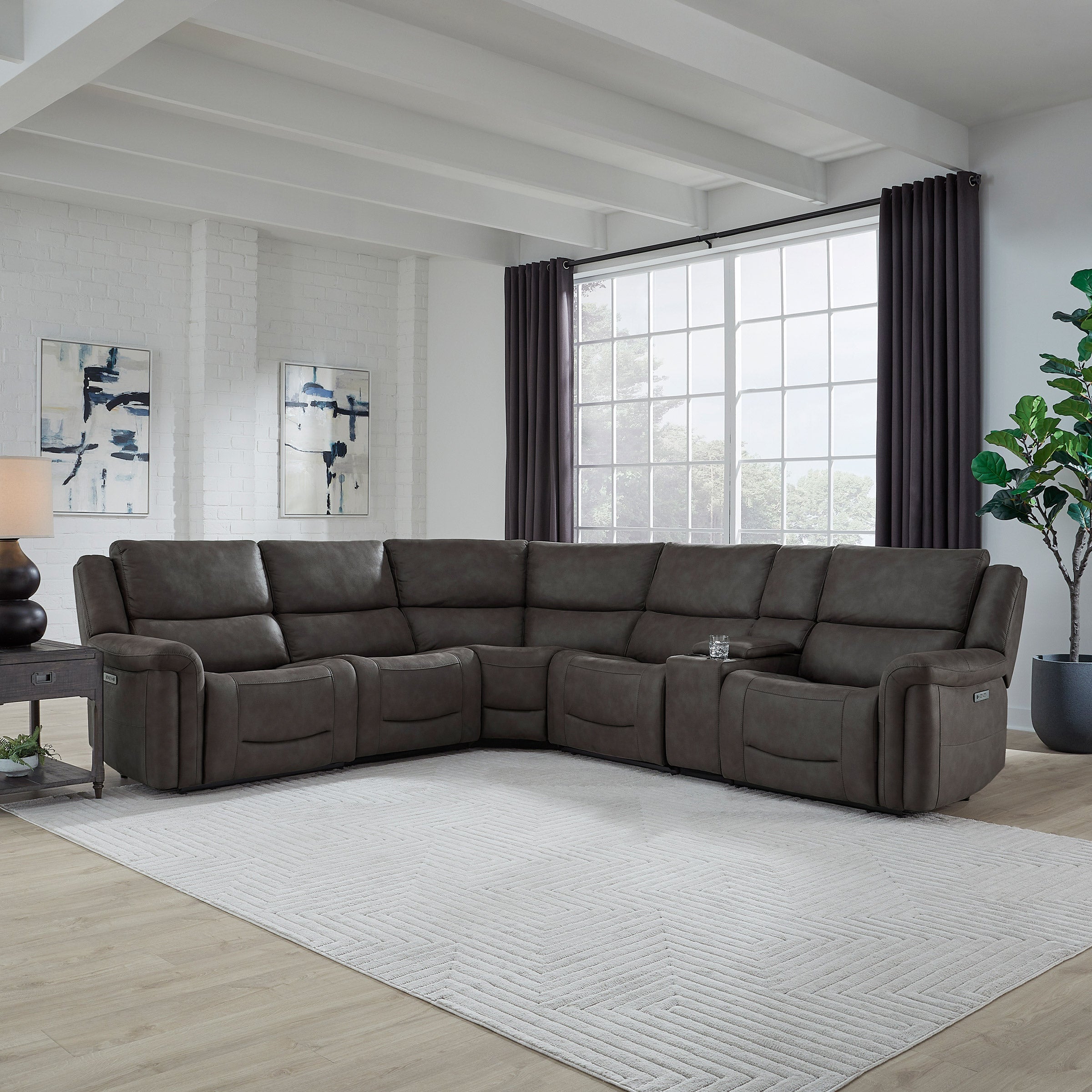 Car Brown Fabric Sectional Sofa with Power Recliner & Adjustable Headrests