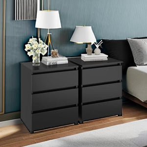 FOTOSOK Nightstand Set of 2 Black Nightstand with 3 Drawers, Black Bedside Table Night Stand for Bedroom with Cut - Out Handle, Sofa Side Table 3 Drawer Nightstand for Bedroom, 17.7W*15D*21.7H - Stu's Home Improvement Outlet