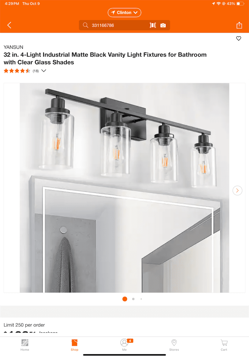 32” Industrial Matte Black 4 - Light Bathroom Vanity Fixture with Clear Glass Shades - Stu's Home Improvement Outlet