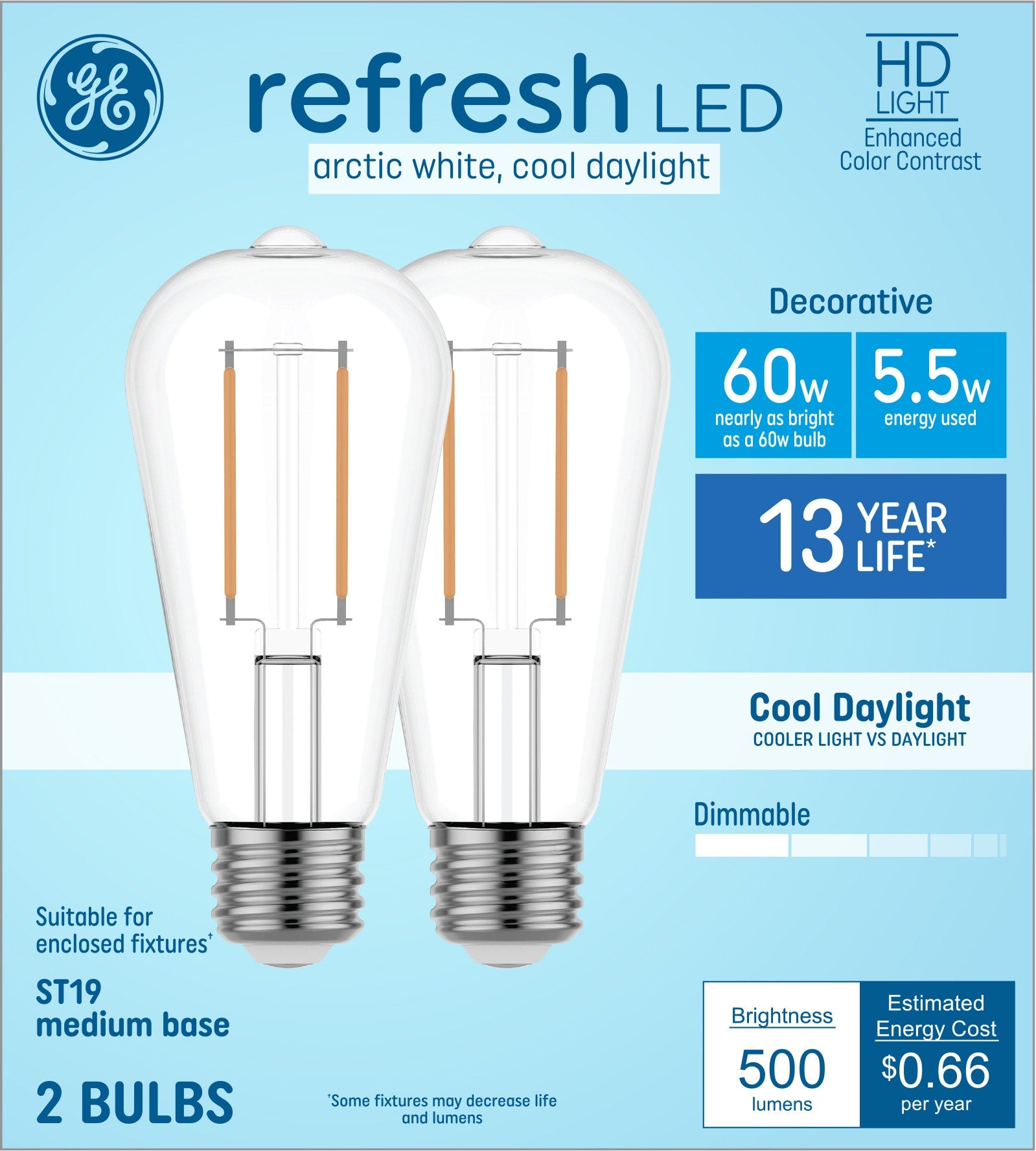GE Refresh HD 60-Watt EQ ST19 Cool Daylight Medium Base (e-26) Dimmable LED Decorative Light Bulb (2-Pack)