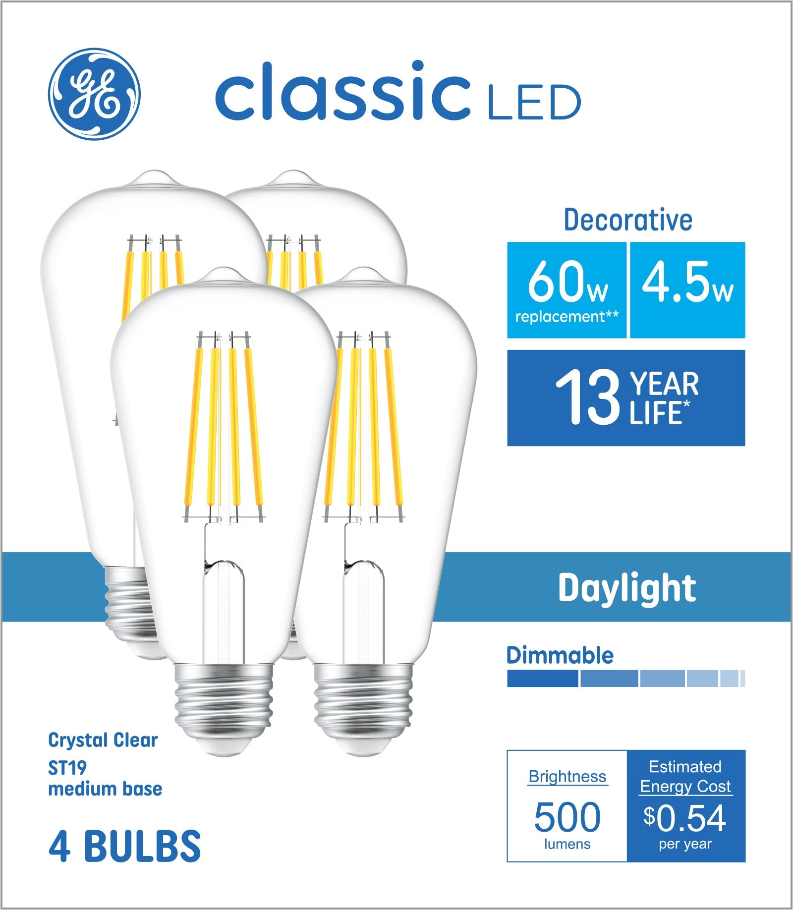 GE 60-Watt EQ ST19 Daylight Medium Base (e-26) Dimmable LED Decorative Light Bulb (4-Pack)