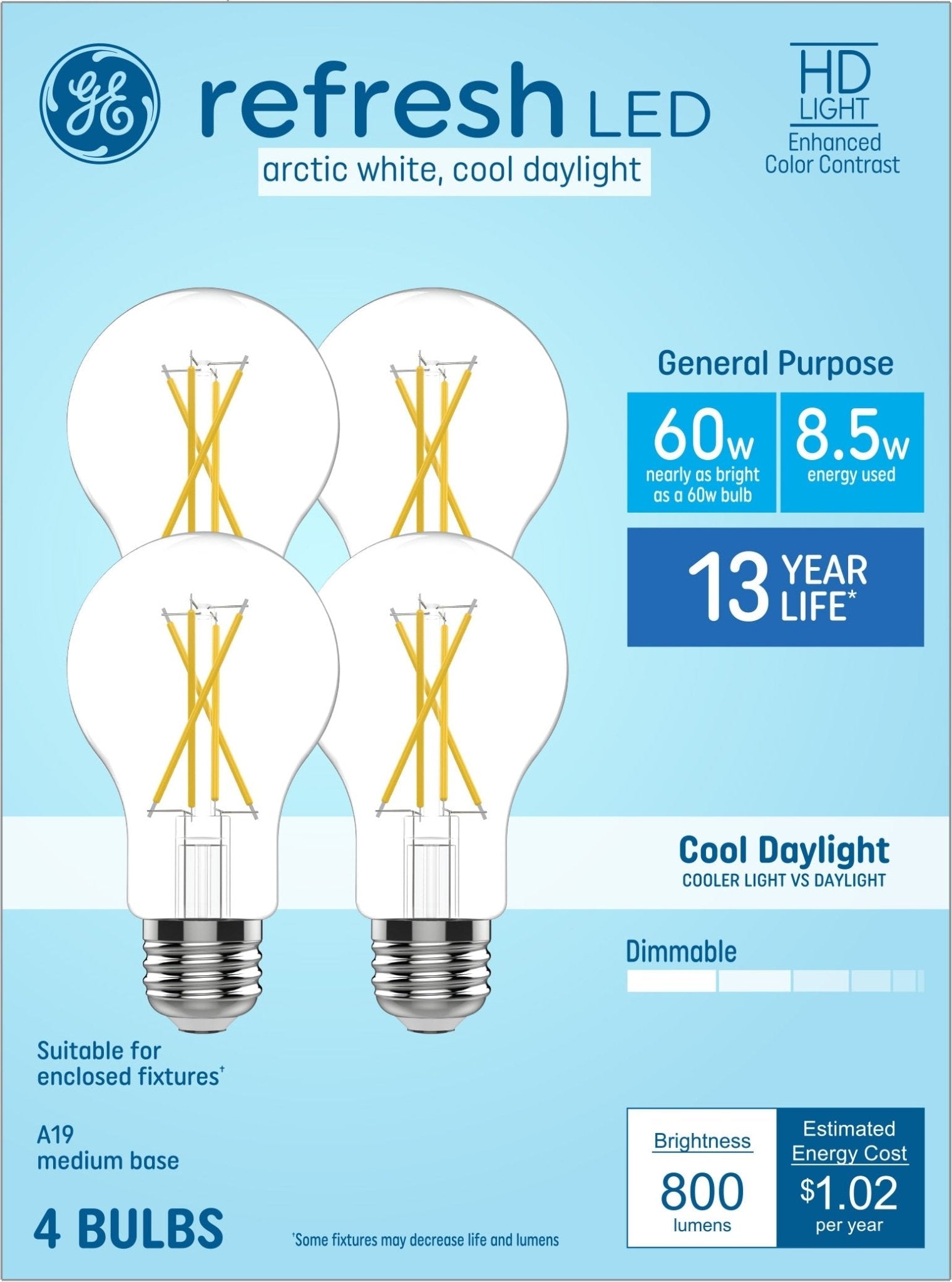 GE Refresh HD 60 - Watt EQ A19 Cool Daylight Medium Base (e - 26) Dimmable LED General Purpose Light Bulb (4 - Pack) - Stu's Home Improvement Outlet