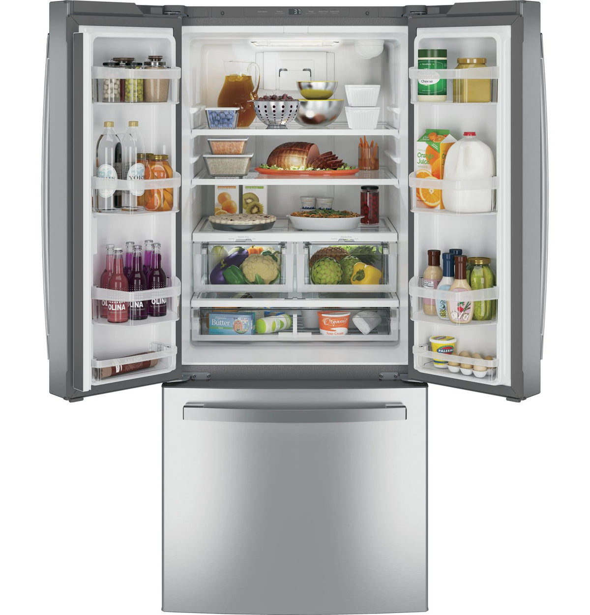 GE Standard-Depth 20.8-cu ft 3 -Door 30-in Wide French Door Refrigerator with Ice Maker ( Fingerprint-resistant Stainless Steel ) ENERGY STAR Certified