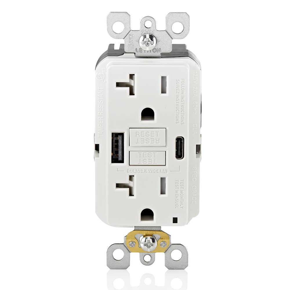 Leviton 20A SmartlockPro Self-Test GFCI Combination with Type A & Type-C USB in-Wall, USB Charger for Smartphones and Tablets, GUAC2-W, White