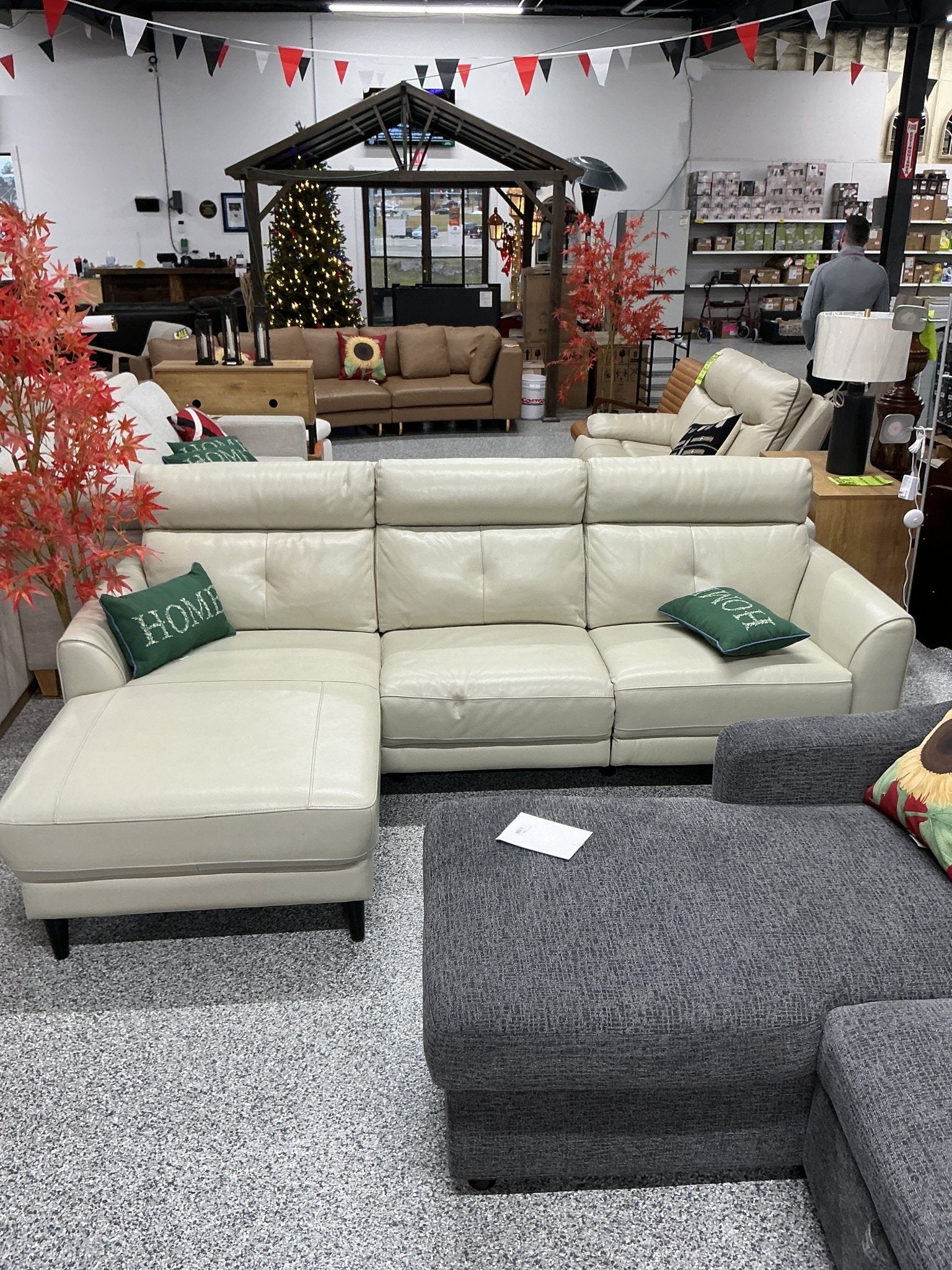 Beige Leather Sectional with Chaise and Power Recline - Stu's Home Improvement Outlet
