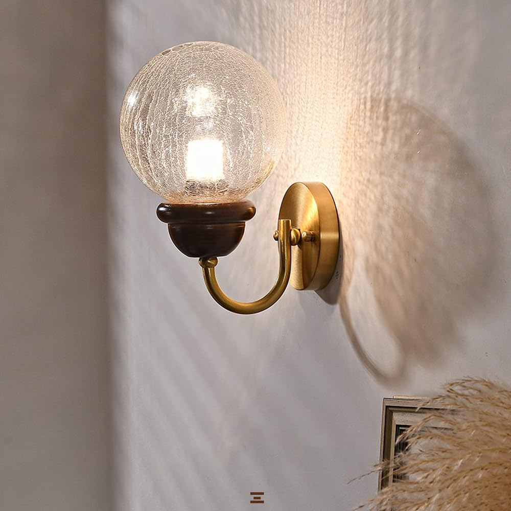 Creative Cracked Glass Wall Sconce Retro Ash Wood Lamp Modern Brushed Brass Home Decor Lighting Fixture, Elegant Postmodern Globe Hardwired Sconces for Bedroom,