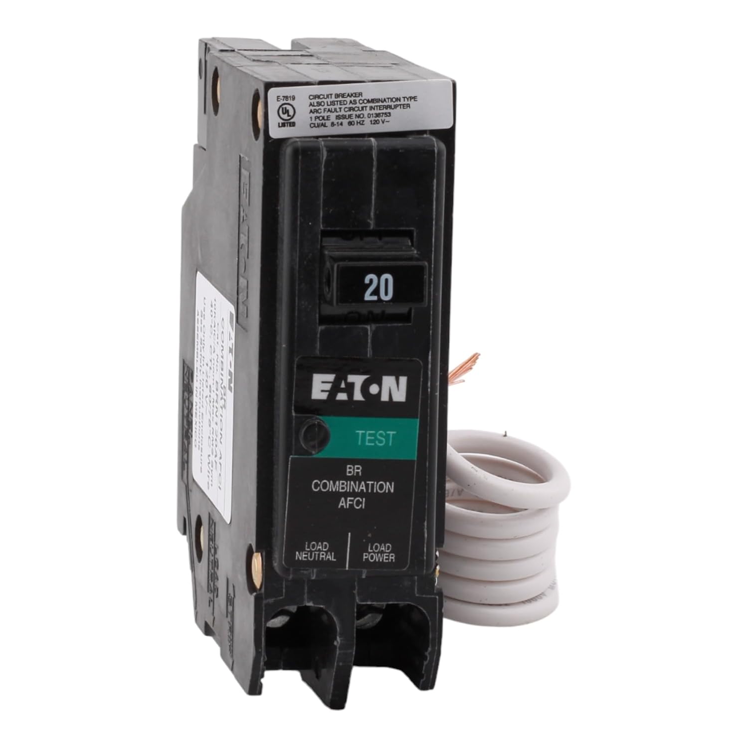 CUTLER-HAMMER BRN120AF 20 Amp Single Pole Arc Fault Circuit Breaker - 120 Volt, Pigtail Neutral,