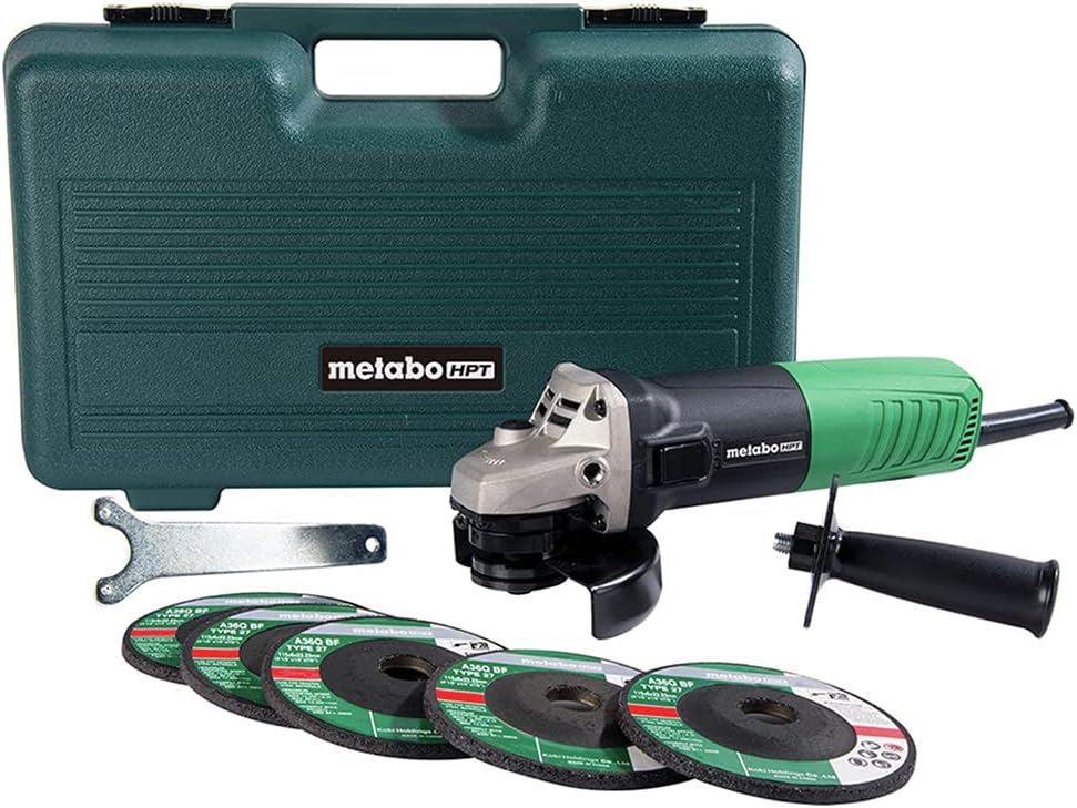 Metabo HPT G12SR4 4-1/2" Angle Grinder, Case & 5 Abrasive Wheels Included, 6.2-Amp, Compact and Lightweight, 5 Year Warranty