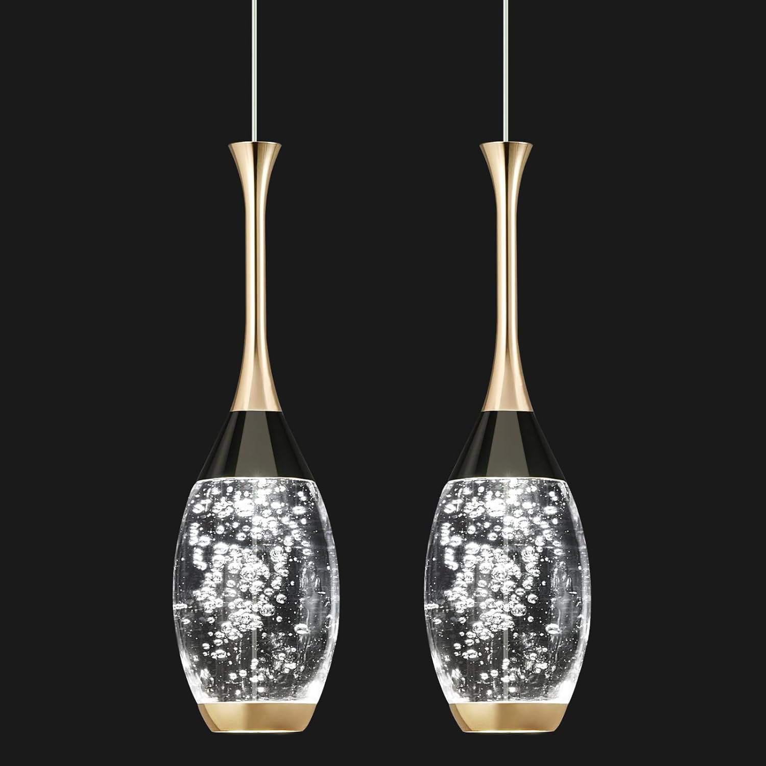 Modern Pendant Light Black Gold Dimmable LED Ceiling Light, Mini Teardrop Glass Pendant Lighting for Kitchen Island Bedroom Hallway and Entryway (2 Pack)