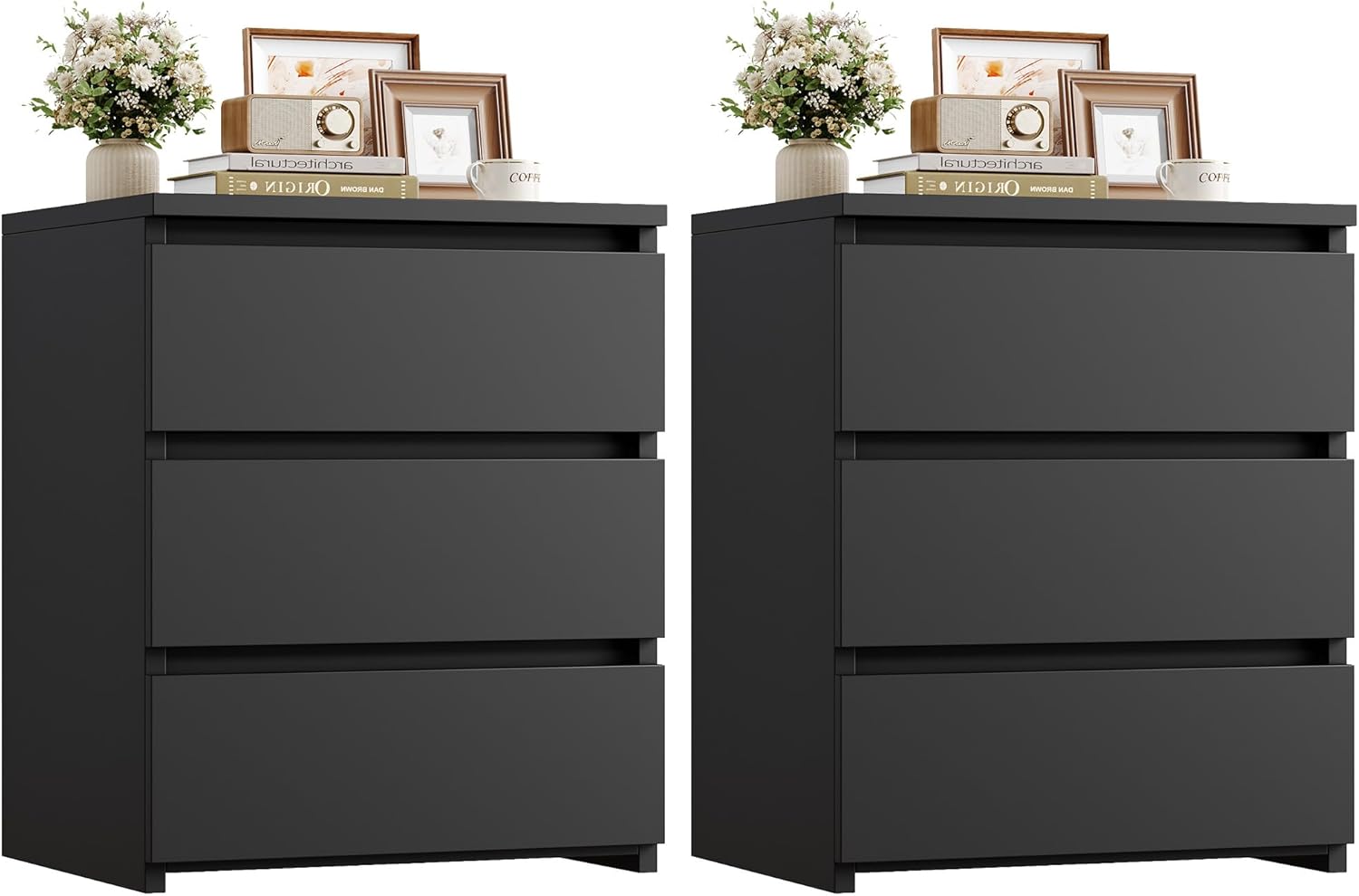 FOTOSOK Nightstand Set of 2 Black Nightstand with 3 Drawers, Black Bedside Table Night Stand for Bedroom with Cut - Out Handle, Sofa Side Table 3 Drawer Nightstand for Bedroom, 17.7W*15D*21.7H - Stu's Home Improvement Outlet