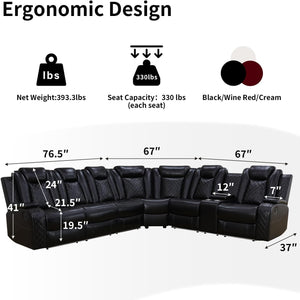Power Recliner Sofa Sectional Sofa with LED Light for Living Room, Air Leather Reclining Corner Sectional Sofa Set, Cup Holder, Storage Console for Home Theater Seating (Black, Sectional) - Stu's Home Improvement Outlet