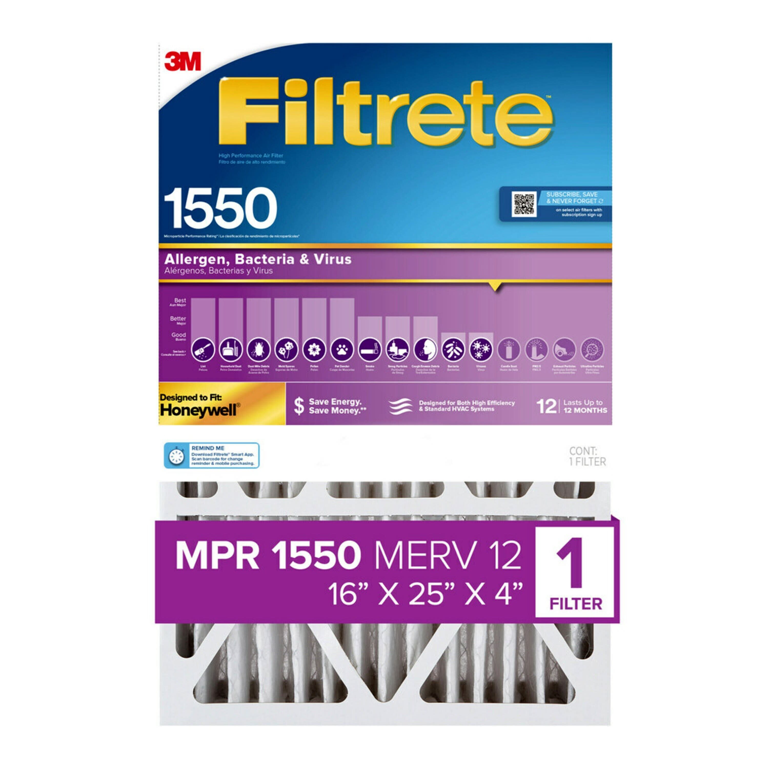 Filtrete 16-in W x 25-in L x 4-in MERV 12 1550 MPR Allergen, Bacteria and Virus Electrostatic Pleated Air Filter