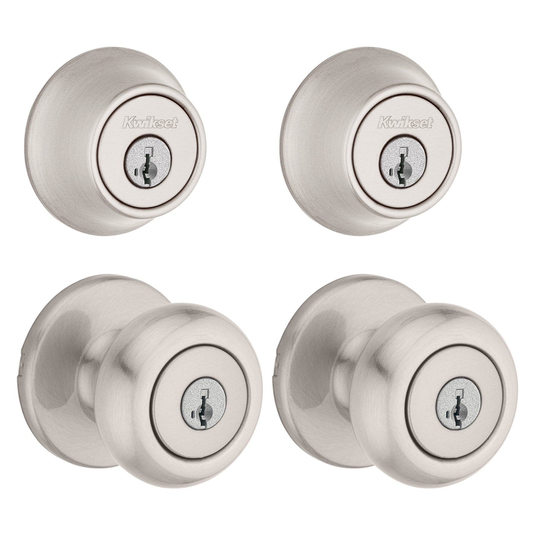 Kwikset Cove Satin Nickel Smartkey Exterior Single-cylinder deadbolt Keyed Entry Door Knob Contractor Pack with Antimicrobial Technology (2-Pack)