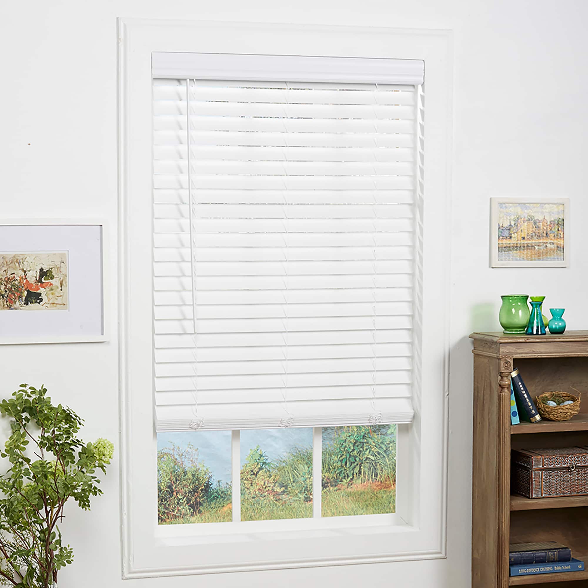 allen + roth Trim at Home 2-in Slat Width 27-in x 64-in Cordless White Faux Wood Room Darkening Horizontal Blinds