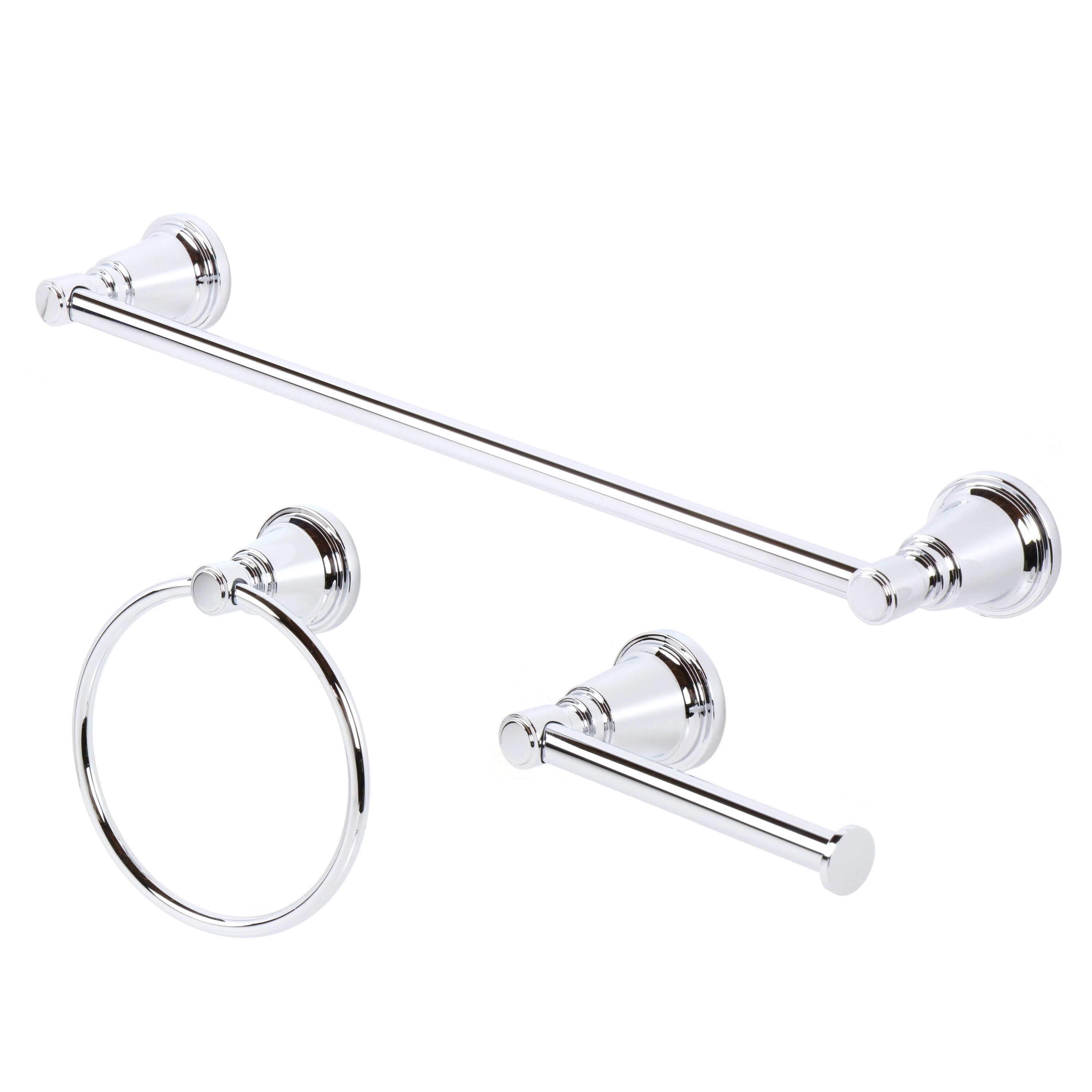 allen + roth 3-Piece Townley Chrome Decorative Bathroom Hardware Set with Towel Bar,Toilet Paper Holder and Towel Ring