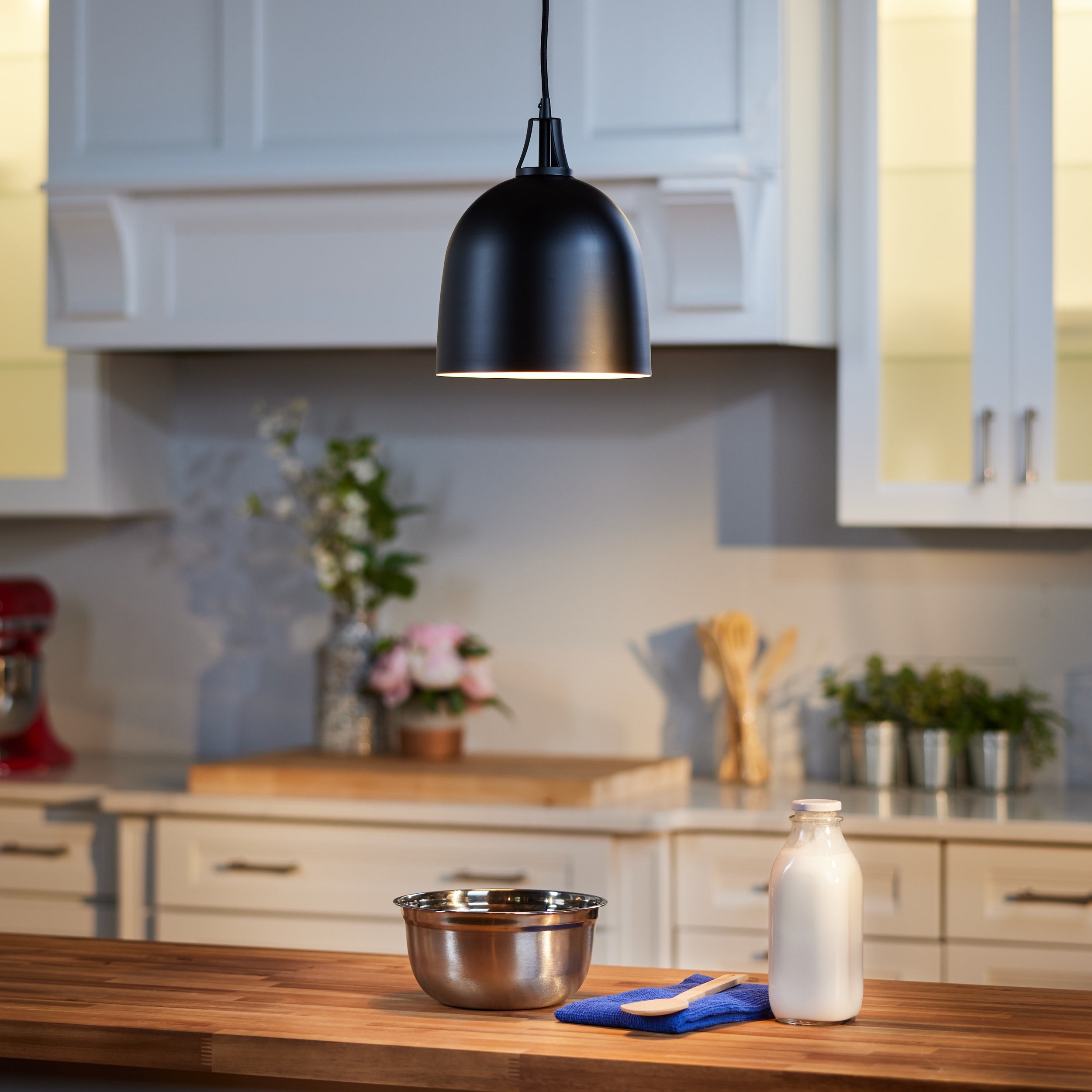 allen + roth Brawley Matte Black Transitional Dome Led; Mini Hanging Pendant Light