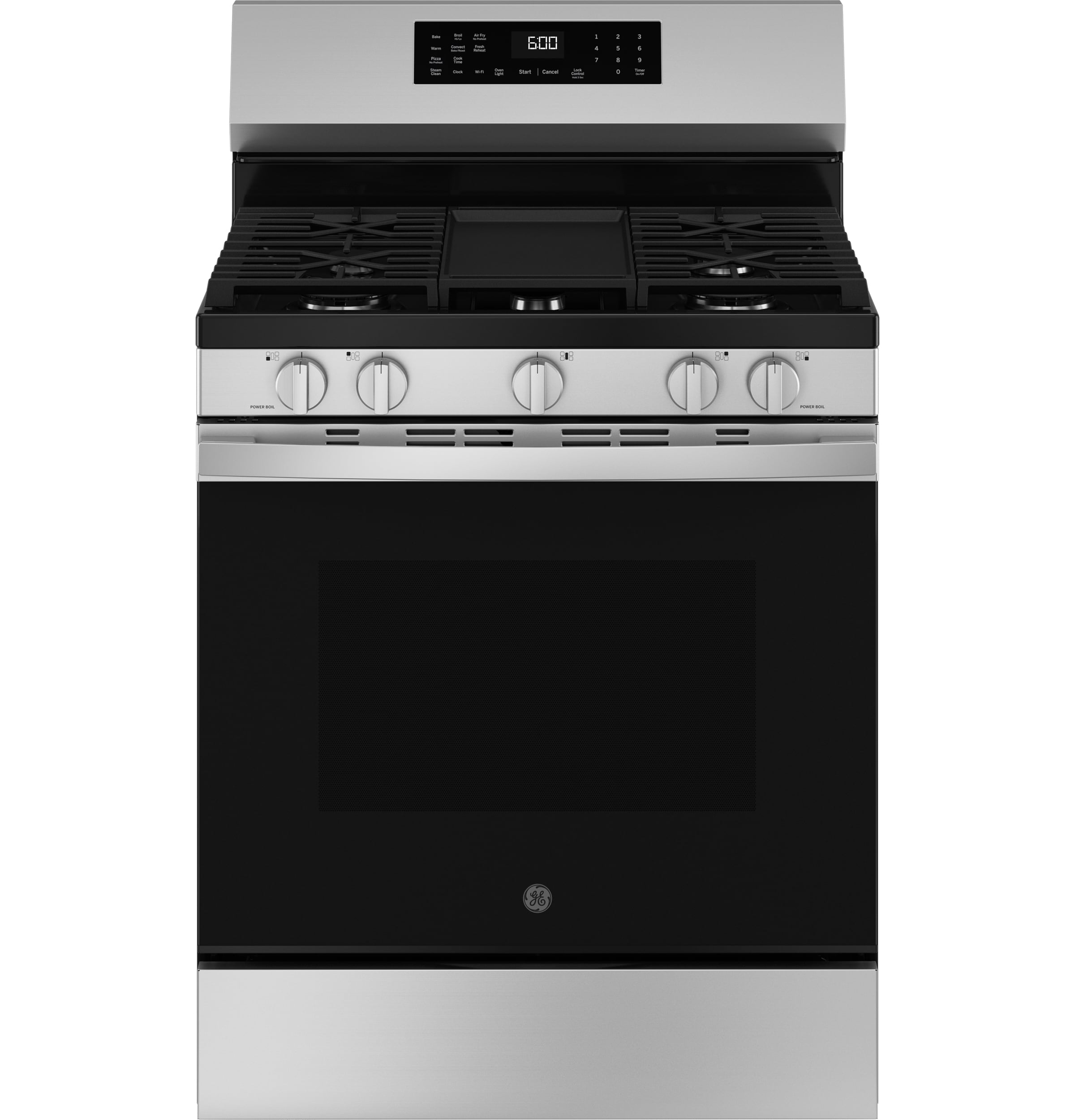 GE EasyWash Oven Tray 30-in 5 Burners 5.3-cu ft Steam Cleaning Air Fry Convection Oven Freestanding Smart Natural Gas Range (Stainless Steel) (GGF600AVSS)