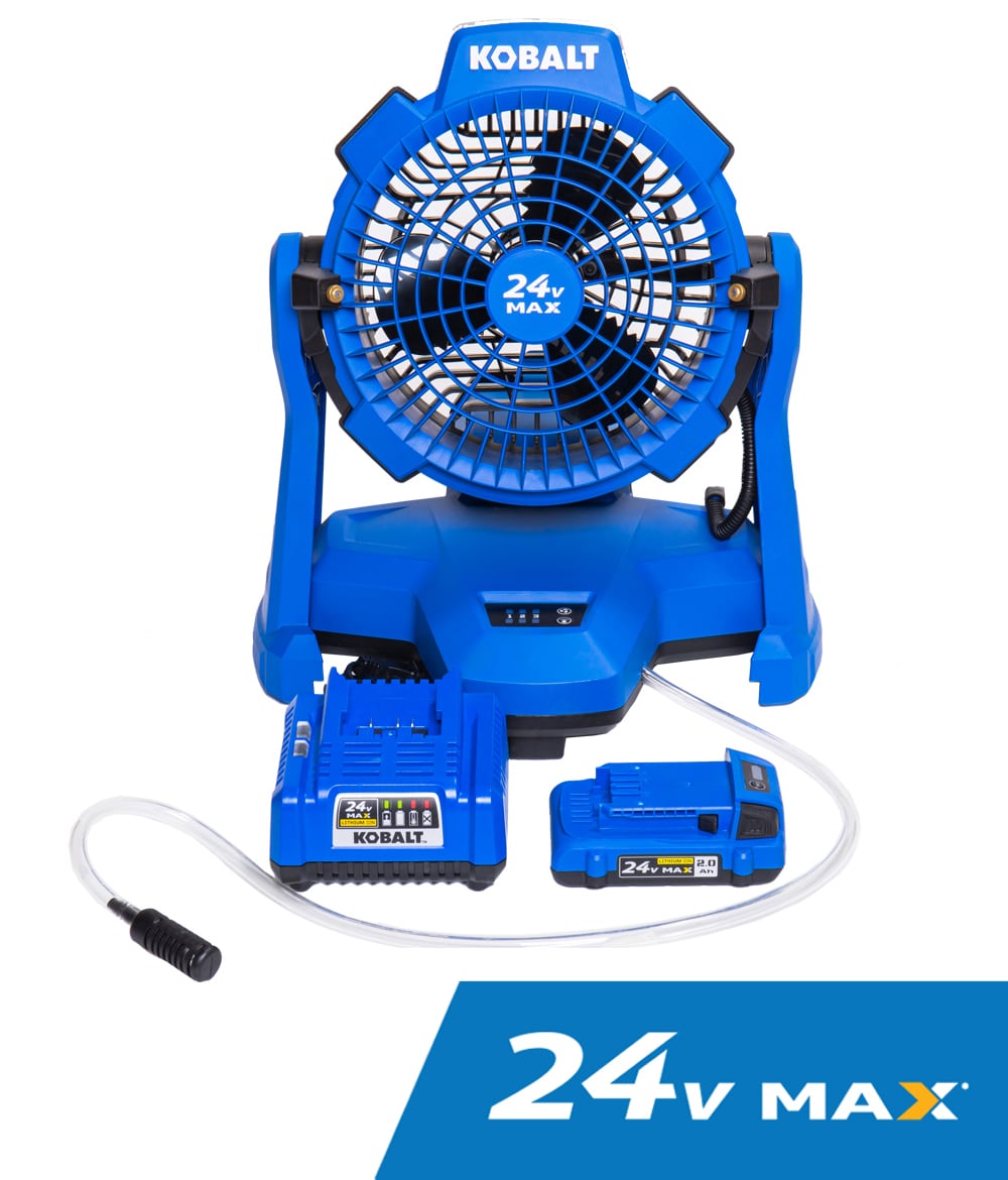 Kobalt 7-in 24-Volt 3-Speed High Velocity Indoor/Outdoor Blue Misting Floor Fan (Battery and Charger Included)