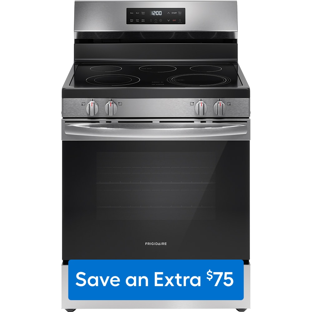 Frigidaire 30-in Glass Top 5 Burners 5.3-cu ft Steam Cleaning Freestanding Electric Range (Fingerprint Resistant Stainless Steel) (FCRE306LAF)