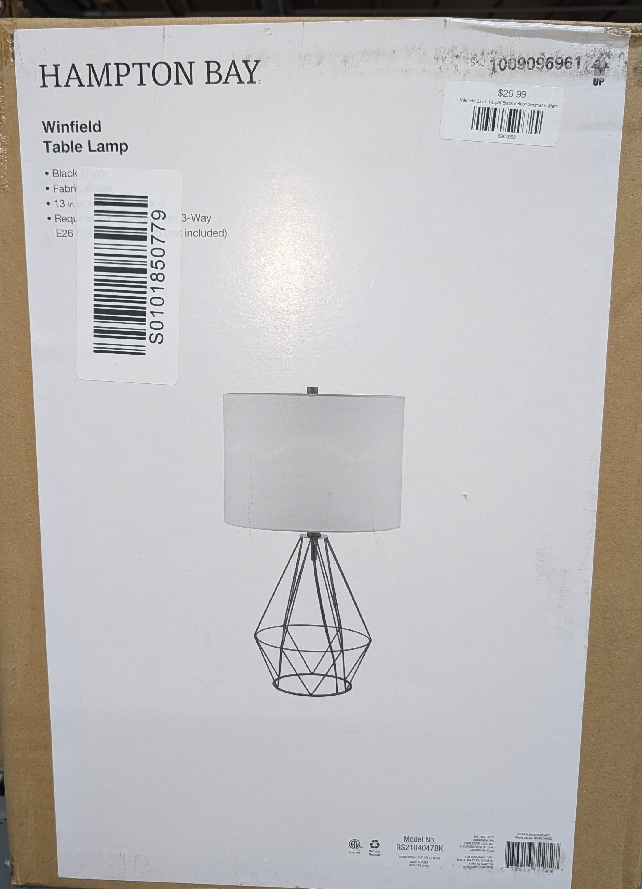 Winfield 23 in. 1-Light Black Indoor Geometric Metal Table Lamp with Fabric Lamp Shade