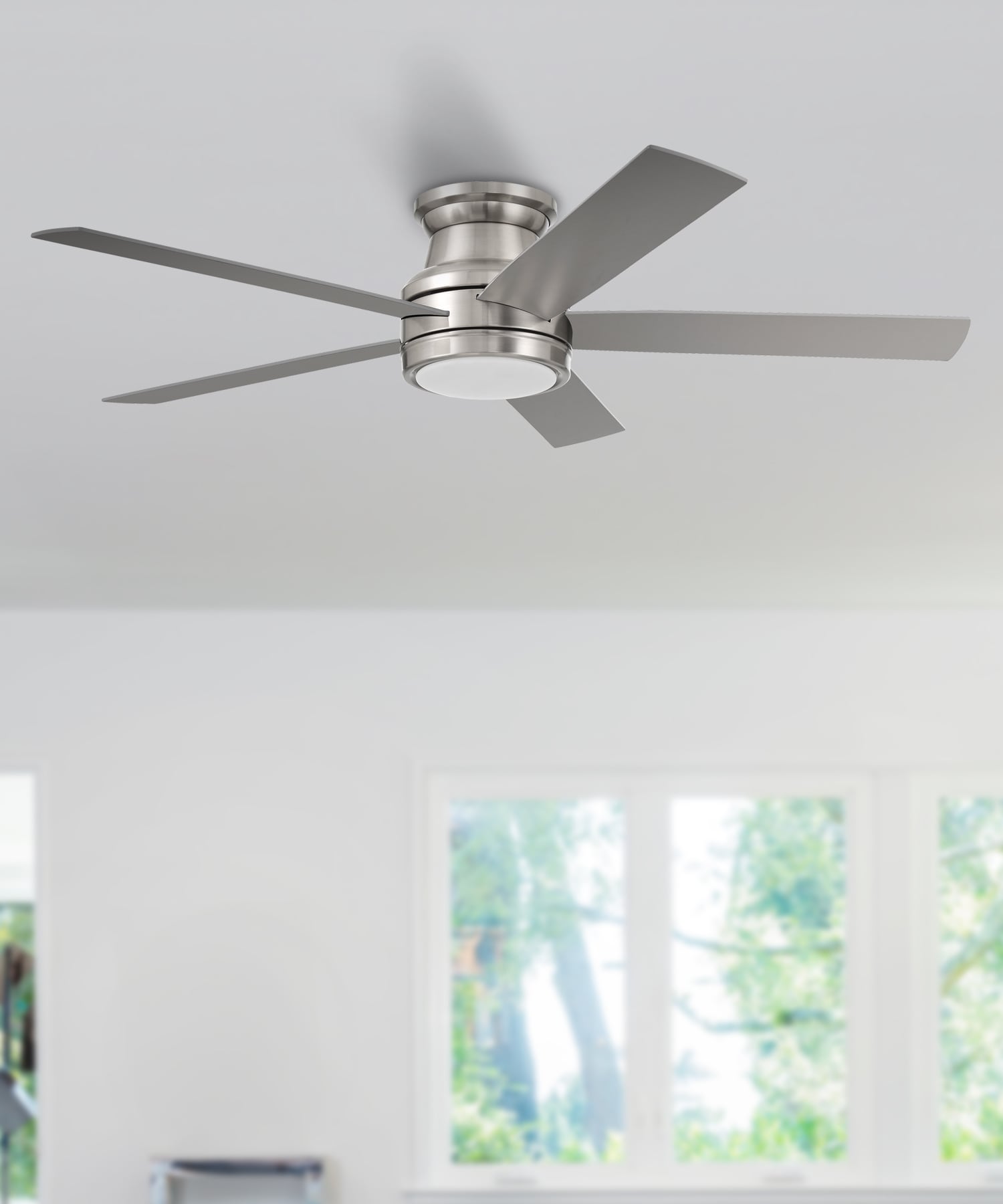 Harbor Breeze Calverton Easy Install 52-in Brushed Nickel with Light Brown Woodgrain/Gray Blades Color-changing Indoor Flush Mount Ceiling Fan with Light and Remote (5-Blade)