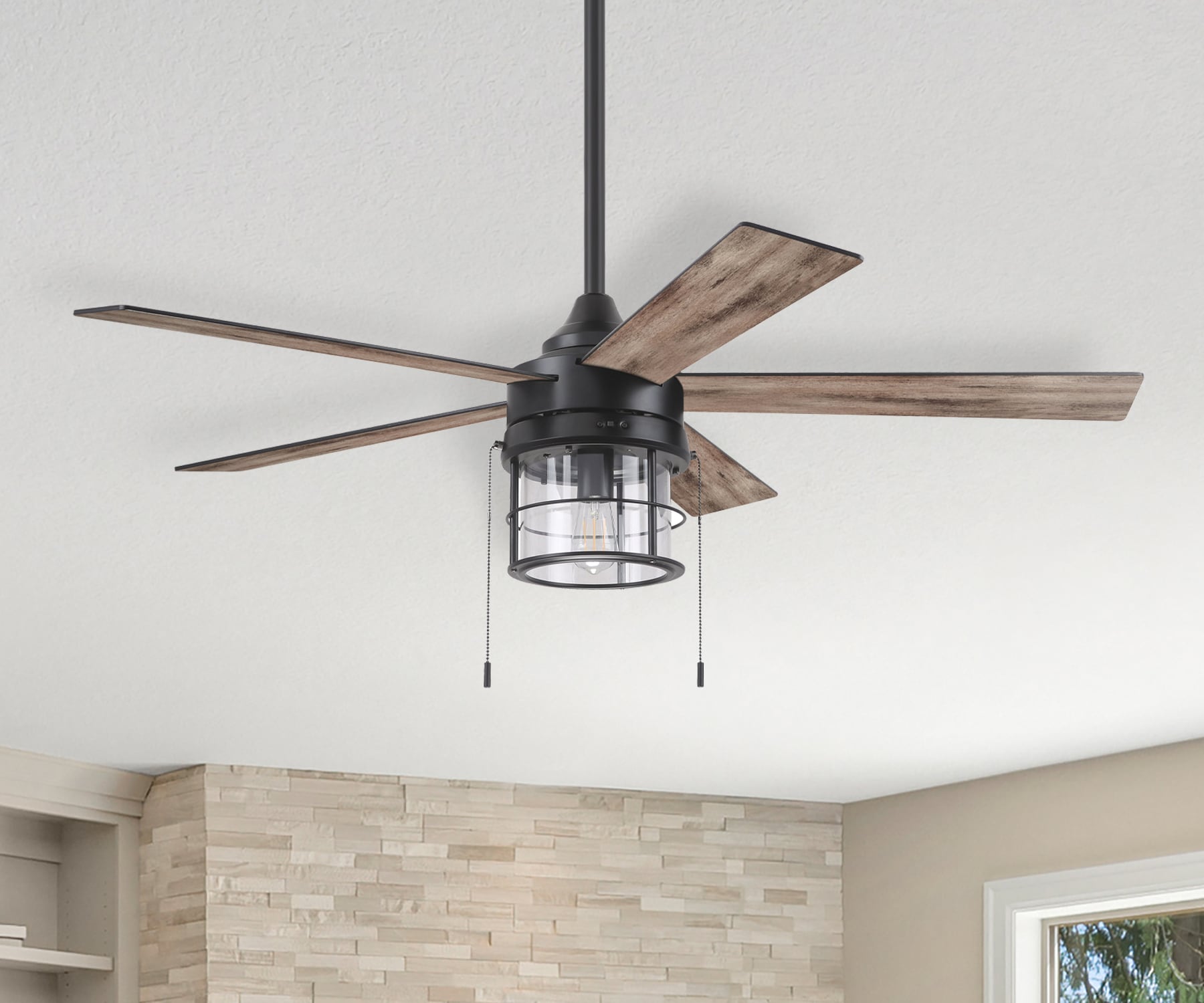 Harbor Breeze Landon Easy Install 52-in Matte Black with Matte Black/Weathered Oak Blades LED Indoor/Outdoor Ceiling Fan with Light (5-Blade)