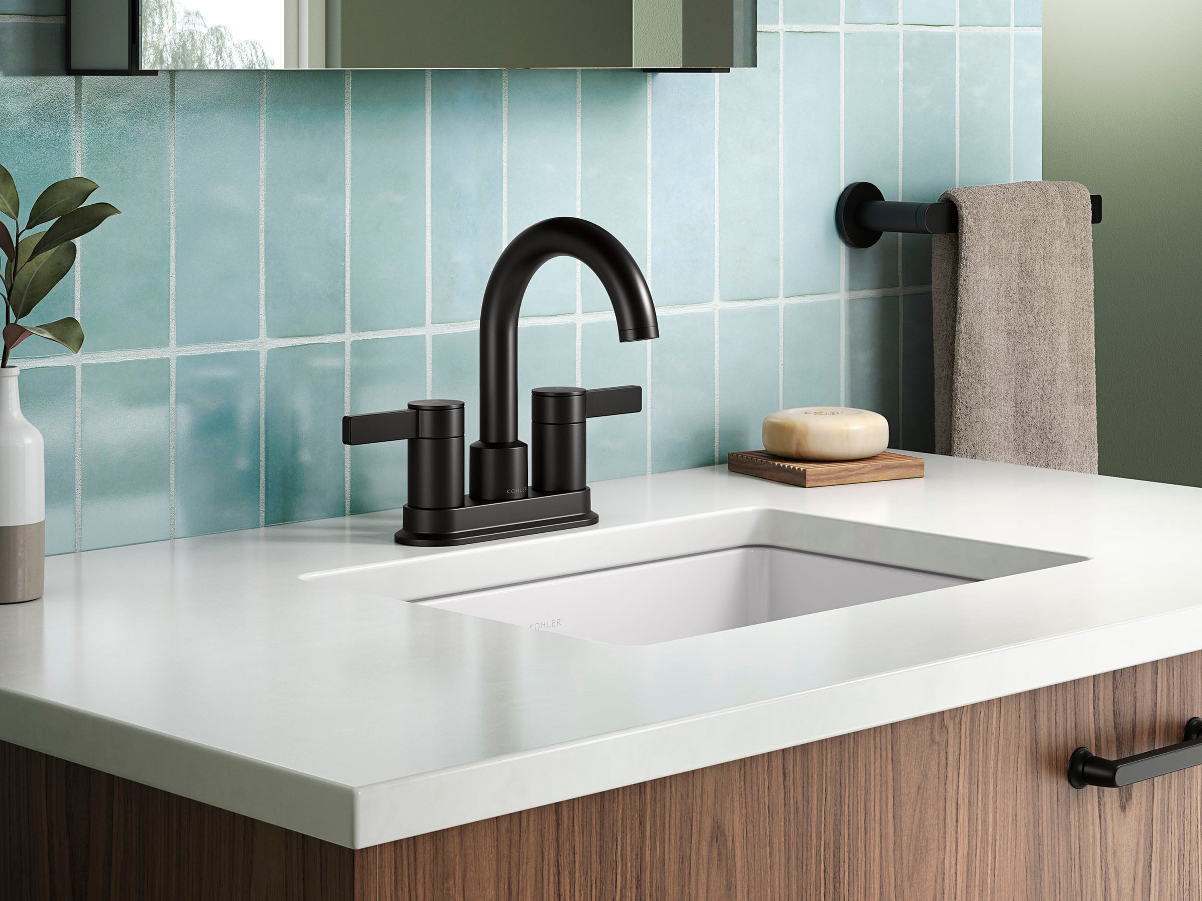 KOHLER Premise Matte Black 4-in centerset 2-Handle WaterSense Bathroom Sink Faucet with Drain