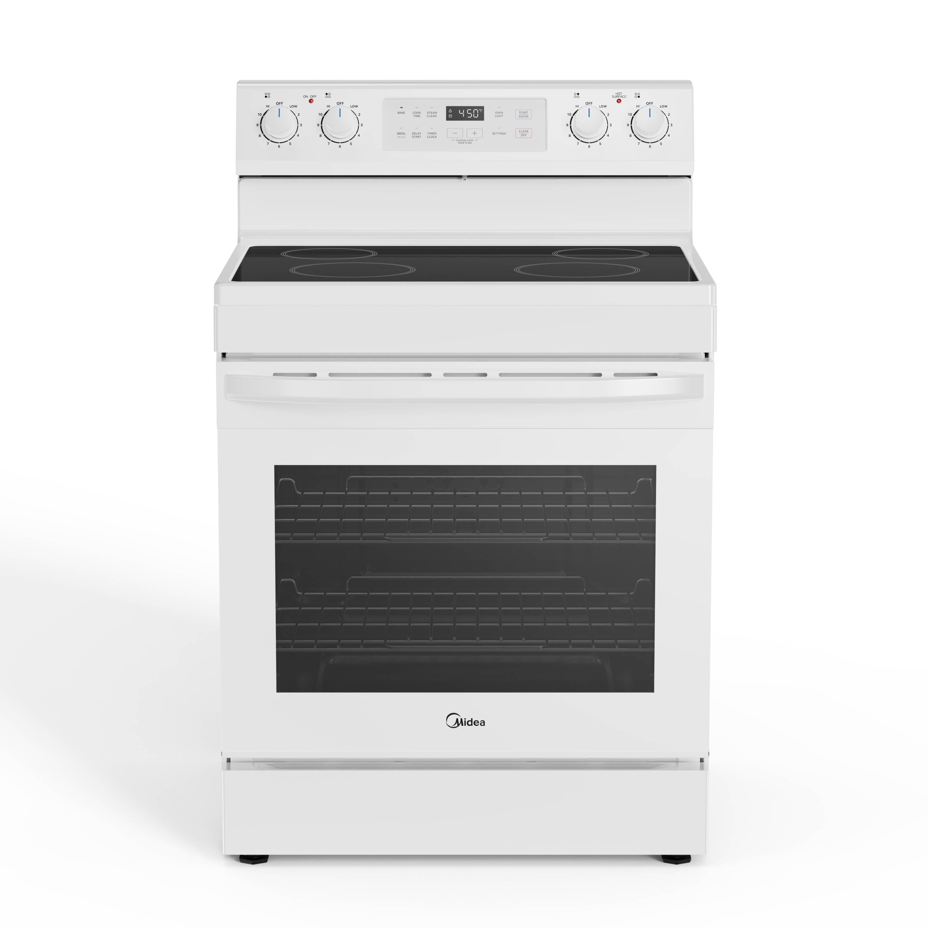 Midea 30-in Glass Top 4 Burners 6.3-cu ft Steam Cleaning Freestanding Electric Range (White) (MER30S2AWW)
