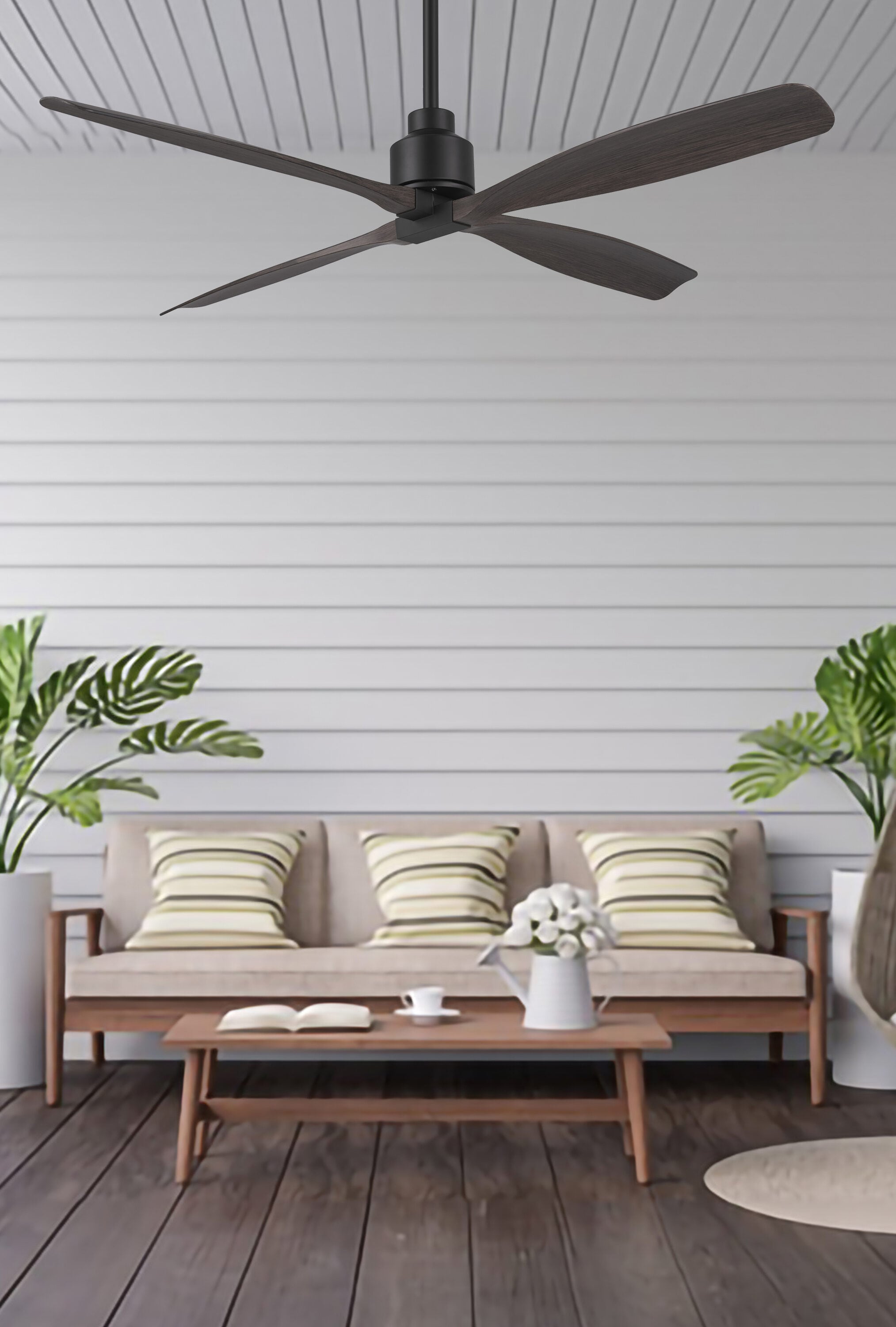 Harbor Breeze Shorehaven 56-in Matte Black with Dark Teak Blades Indoor/Outdoor Ceiling Fan and Remote (4-Blade)
