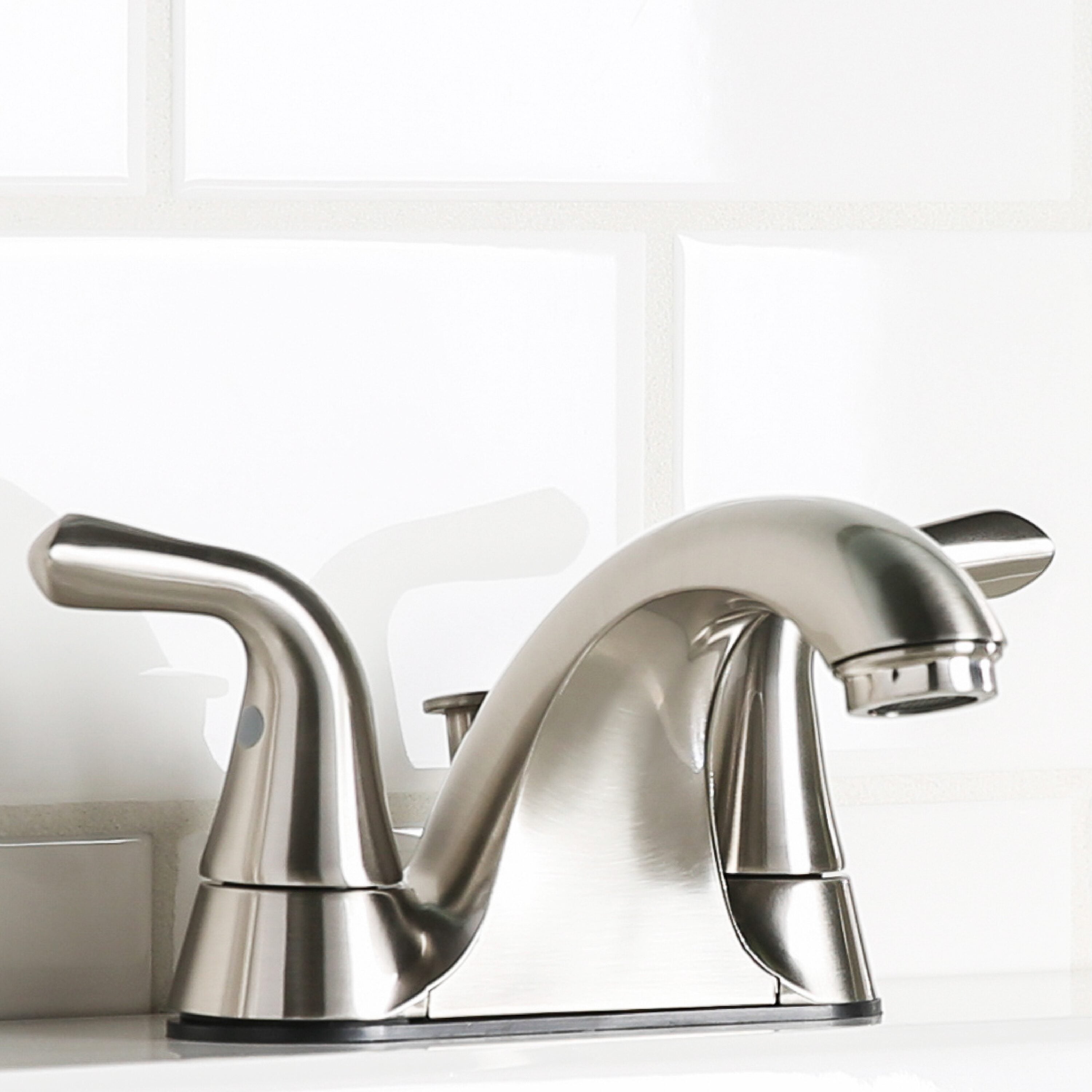 Project Source Dover Brushed Nickel 4-in centerset 2-handle WaterSense Mid-arc Residential Handle Bathroom Sink Faucet with Drain with Deck Plate