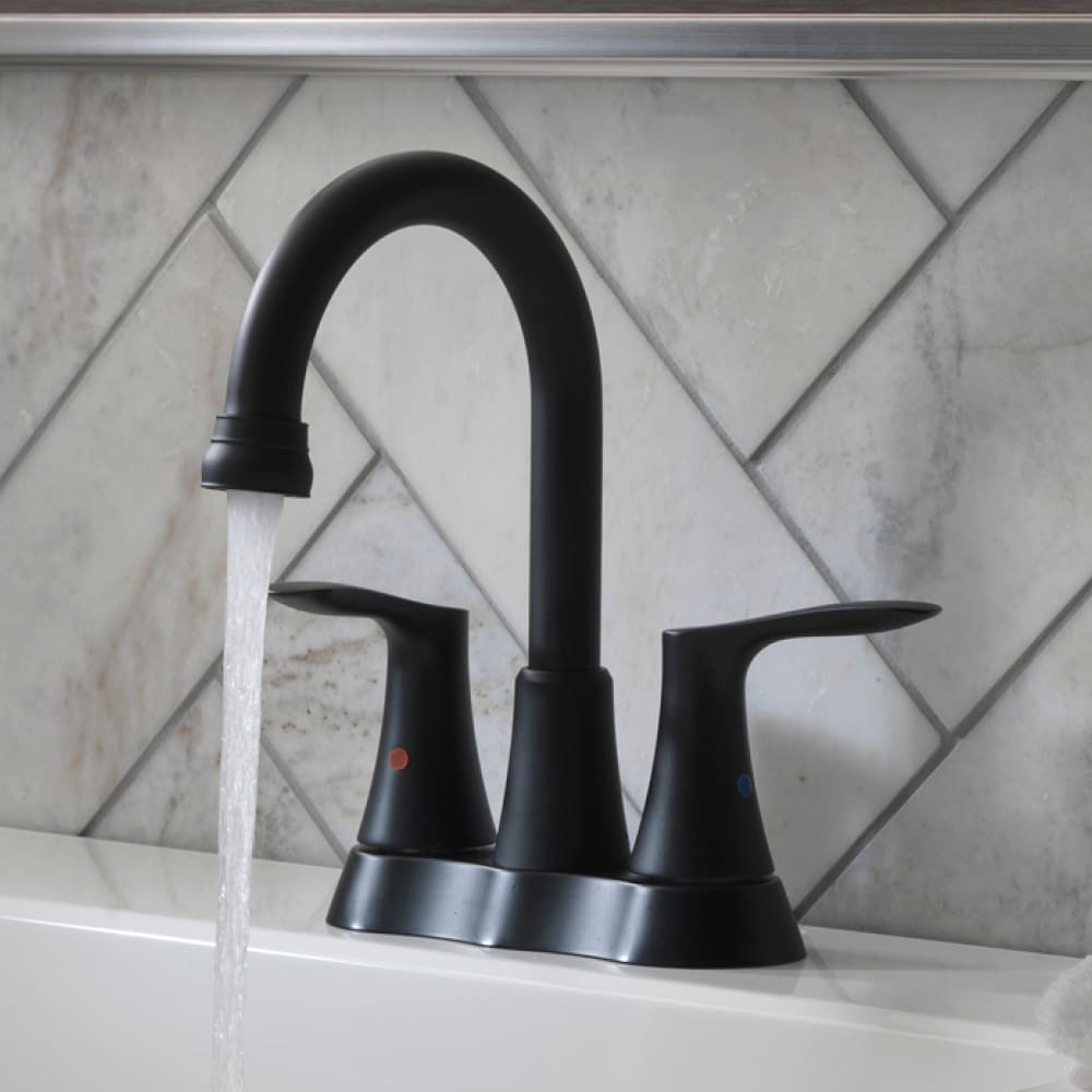 allen + roth Brookes Matte black 4-in centerset 2-handle WaterSense High-arc Residential Handle Bathroom Sink Faucet with Drain