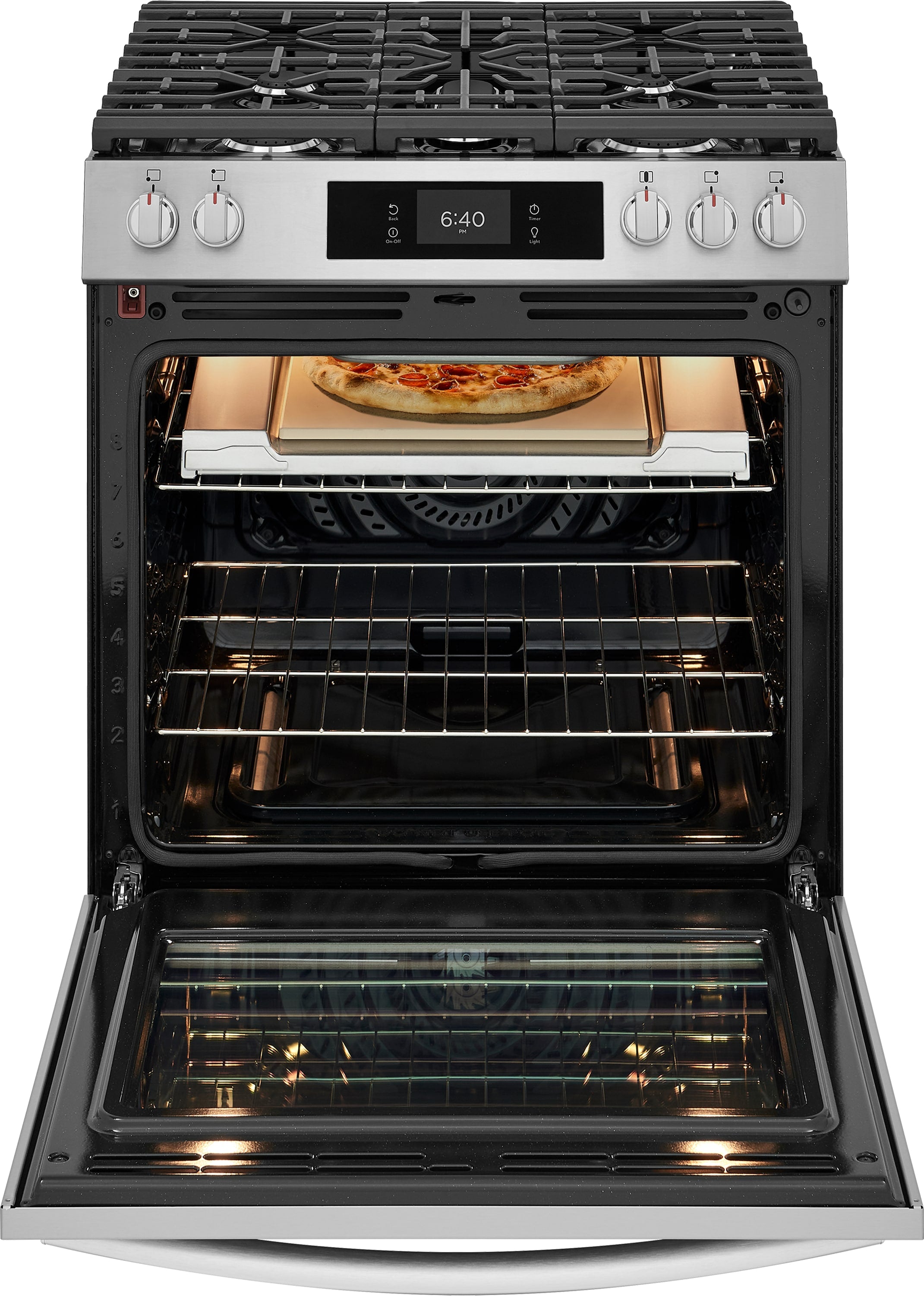Frigidaire Gallery Stone-Baked Pizza 30-in 5 burners 6-cu ft Air Fry Convection Oven Slide-In Electric Gas Range ( Smudge-Proof Stainless Steel ) (GCFG3070BF)