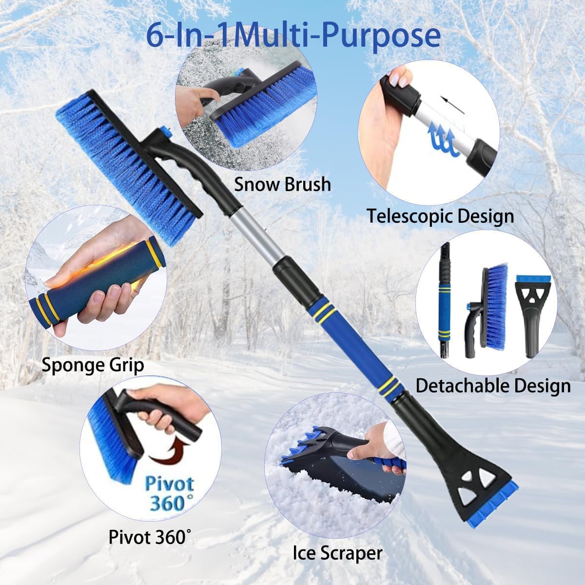 Extendable Snow Brush & Ice Scraper for Car Windshield – 25" to 31.5" Telescoping Handle, Scratch-Free Bristles, Foam Grip, for Cars, Trucks & SUVs (Blue)