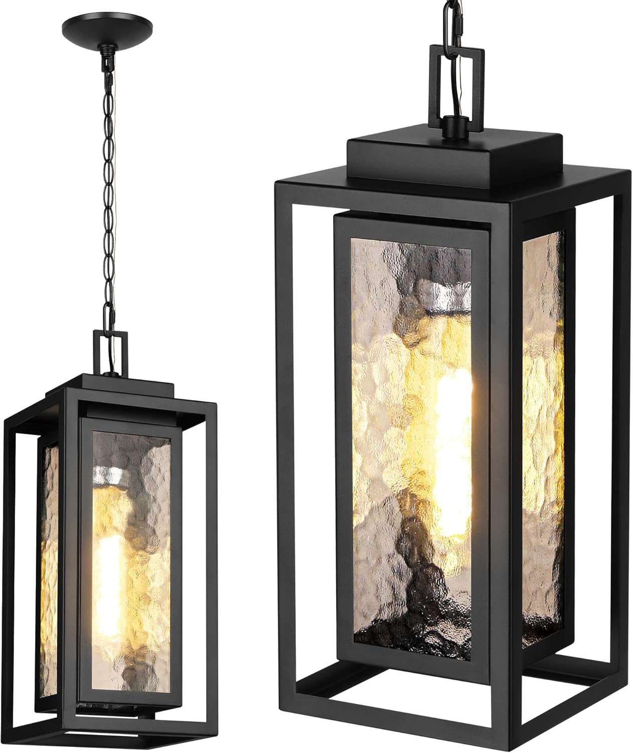 15" Outdoor Pendant Light, Modern Outside Hanging Porch Light, Black Outdoor Chandelier with Water - Ripple Glass, Metal Double Frame Exterior Hanging Lantern Ceiling Mount for Porch (Bulb Included) - Stu's Home Improvement Outlet